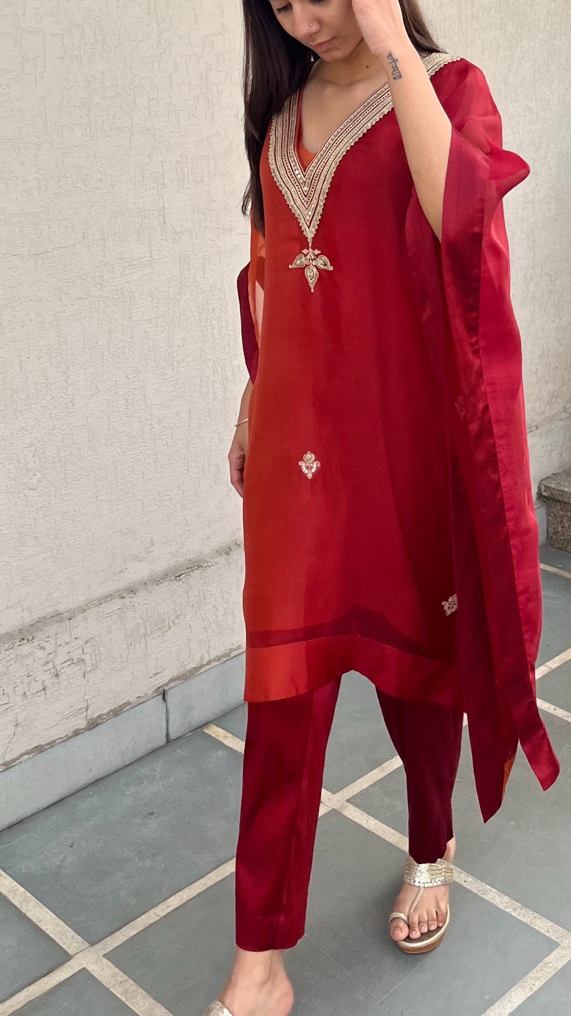 RUBY RED AND RUST ORGANZA KAFTAN
