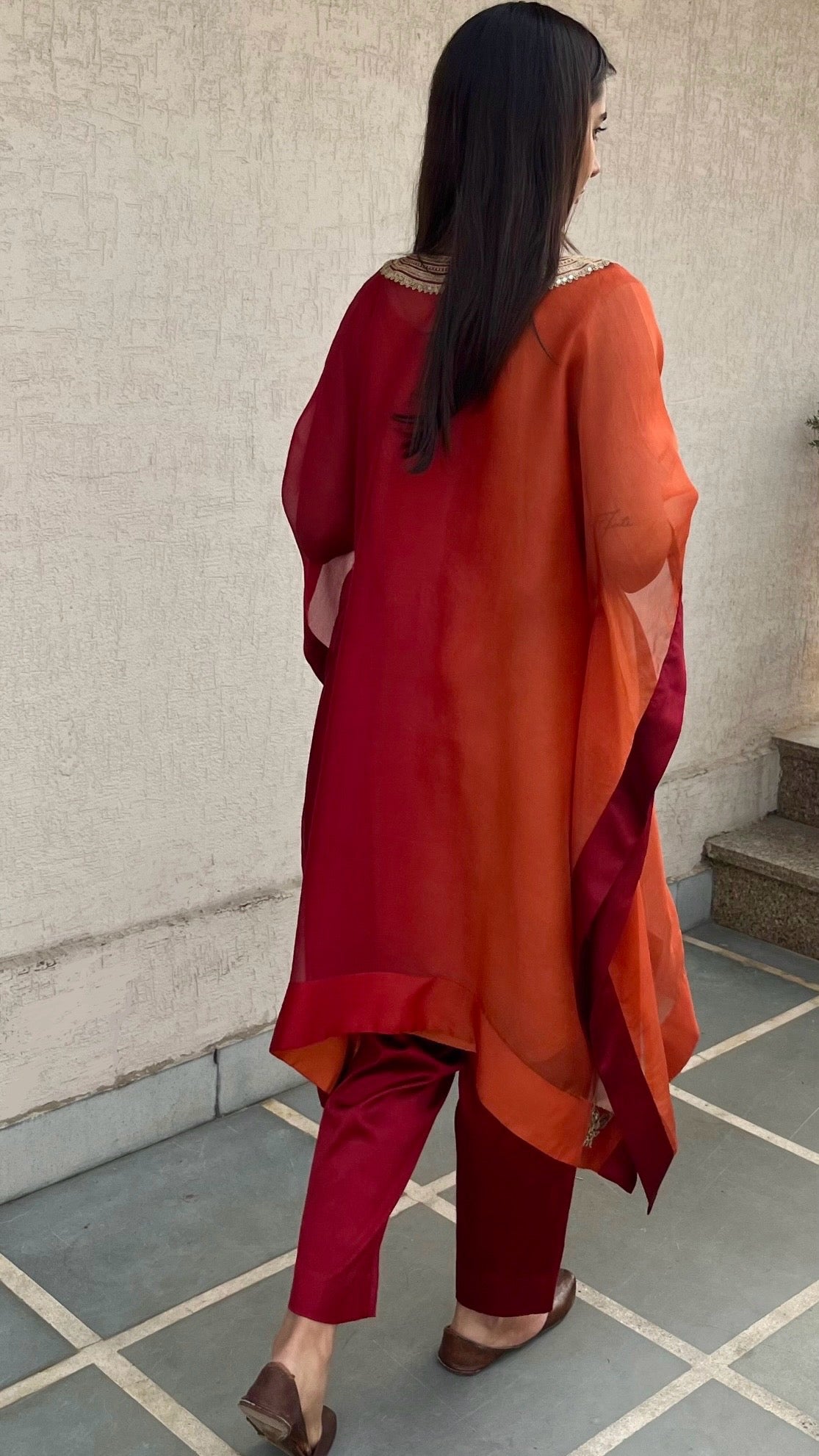 RUBY RED AND RUST ORGANZA KAFTAN