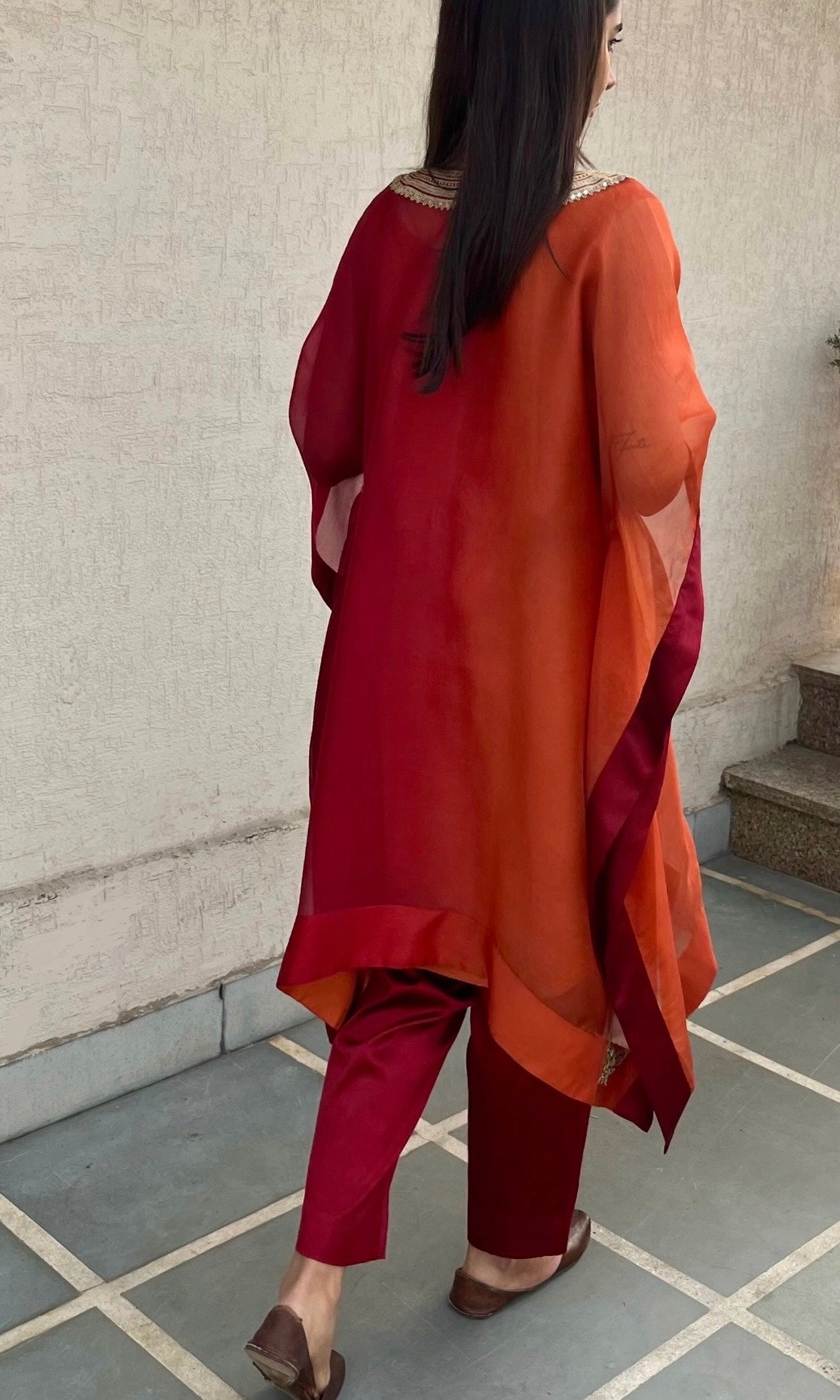 RUBY RED AND RUST ORGANZA KAFTAN