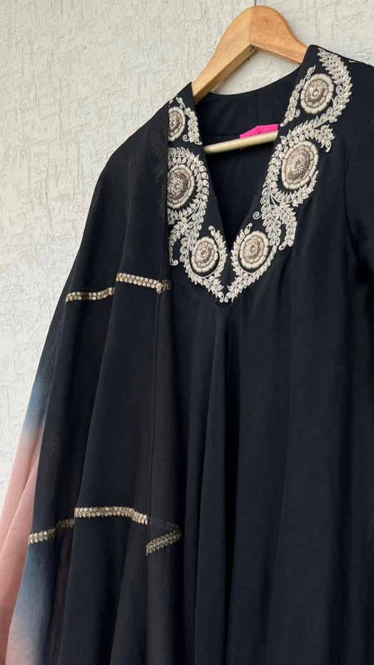 BLACK A- LINE KURTA AND GHARARA SET