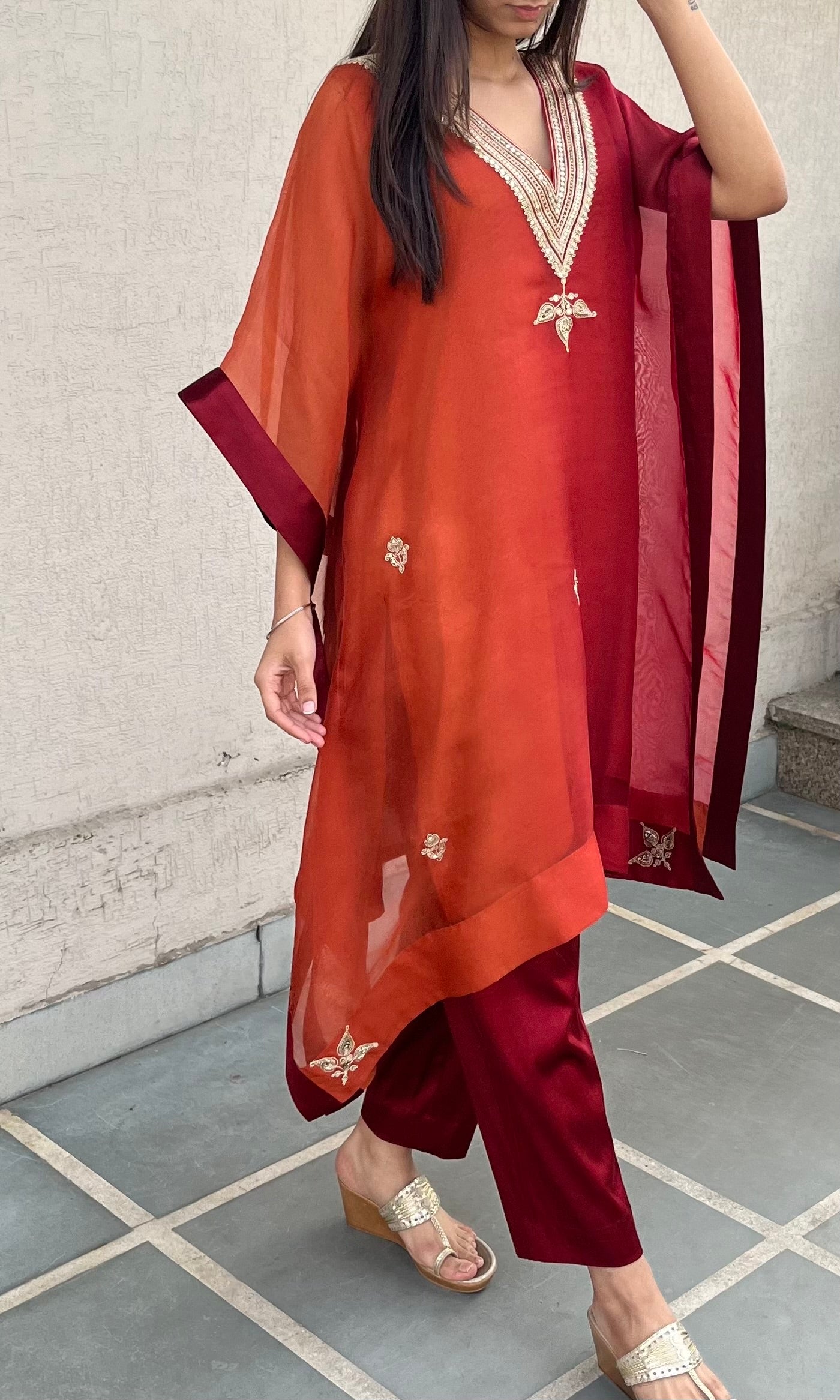 RUBY RED AND RUST ORGANZA KAFTAN
