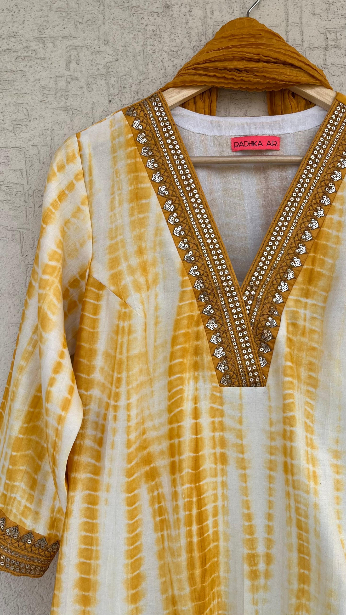 MUSTARD AND OFF WHITE KURTA, PANTS AND DUPATTA SET