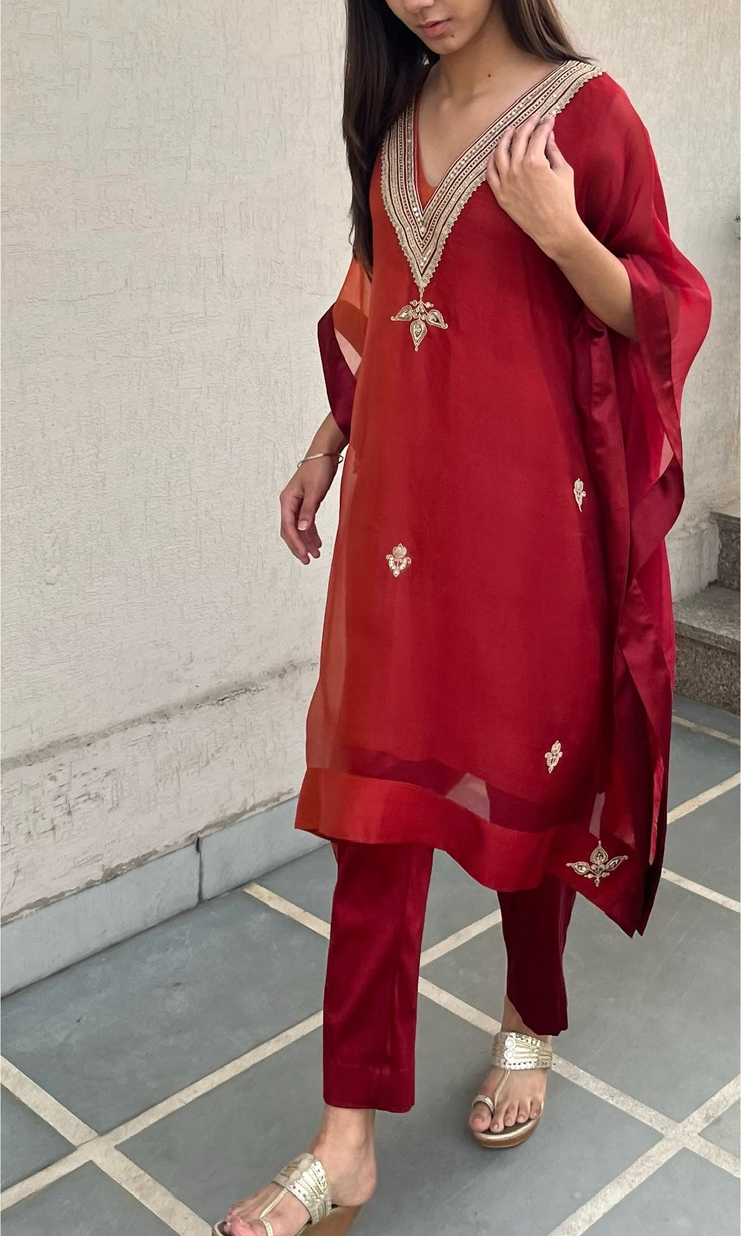 RUBY RED AND RUST ORGANZA KAFTAN
