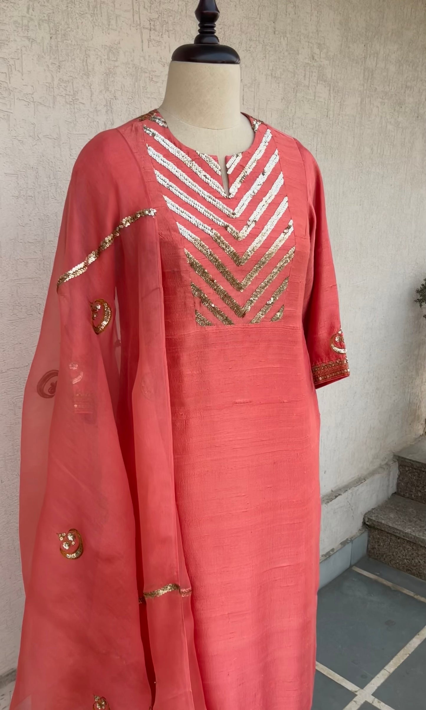 CORAL STRAIGHT KURTA SALWAR & DUPATTA SET
