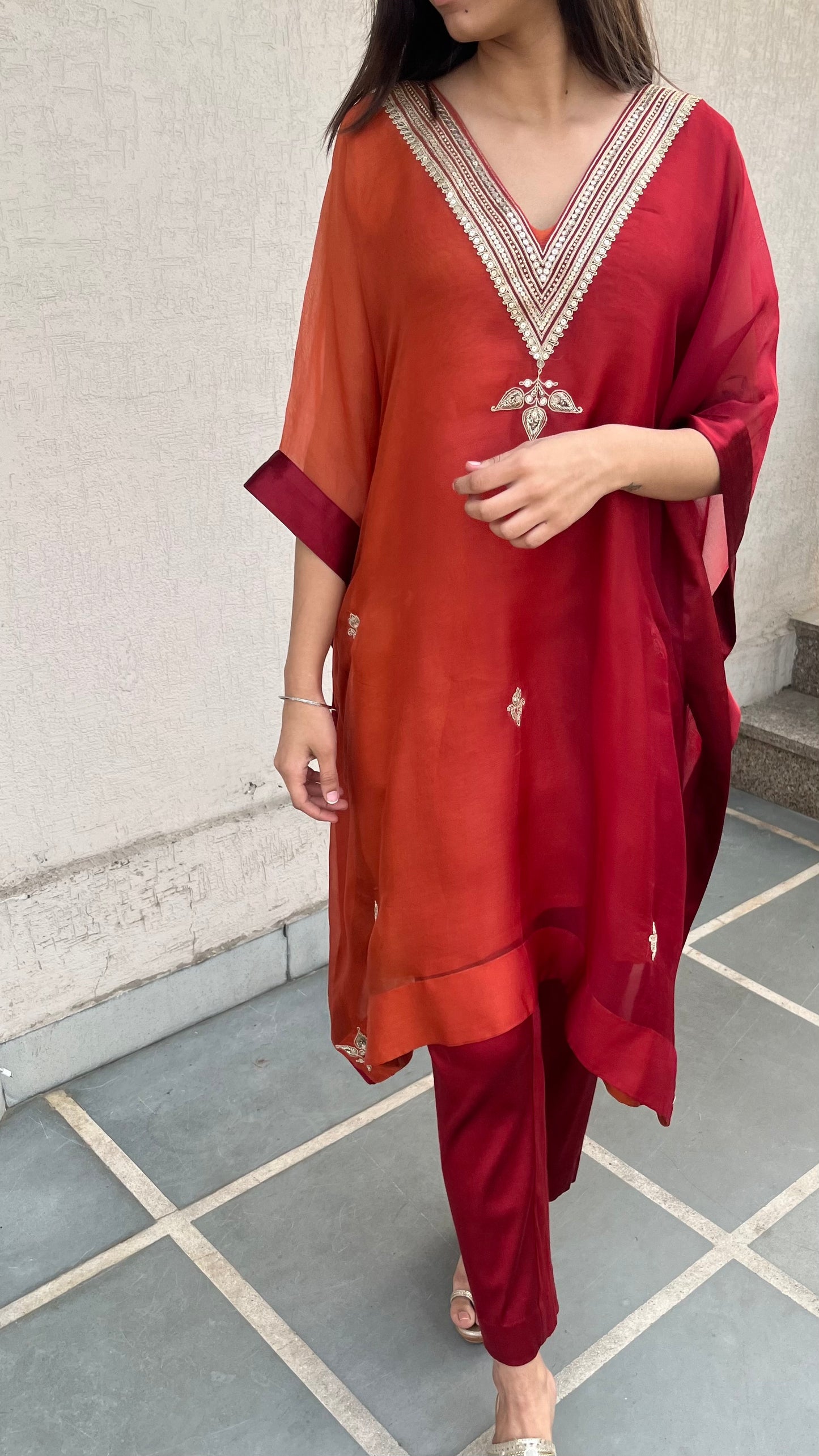 RUBY RED AND RUST ORGANZA KAFTAN