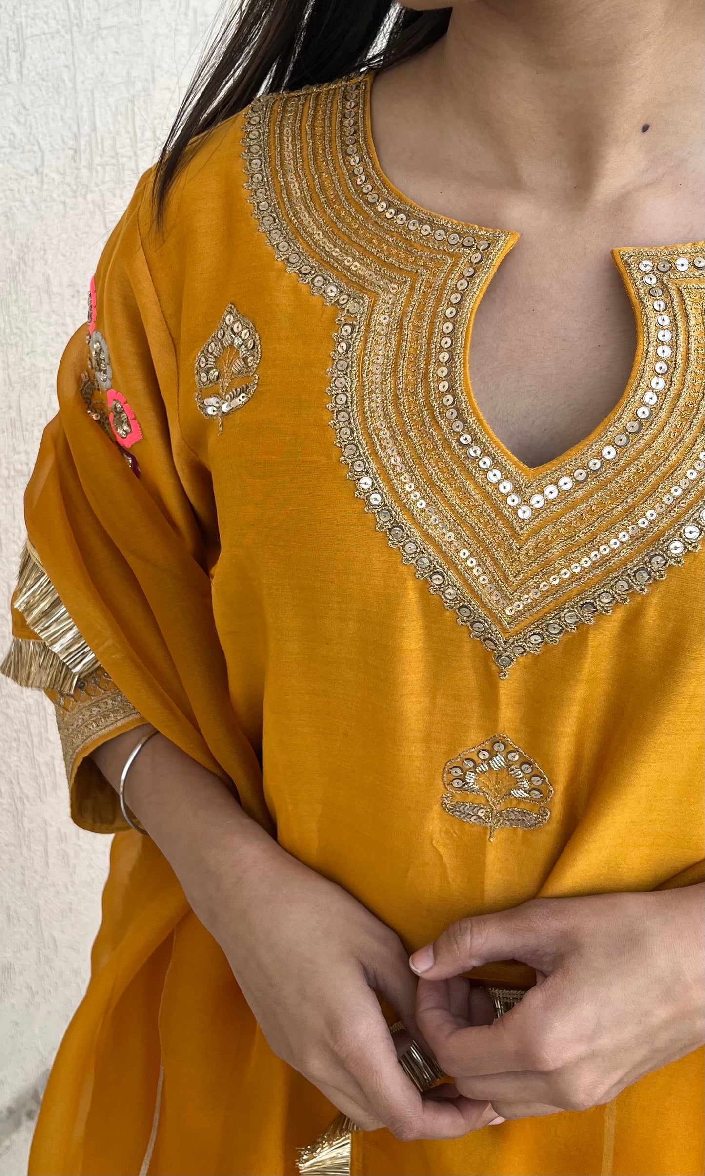 MUSTARD STRAIGHT KURTA, PANTS & DUPATTA SET