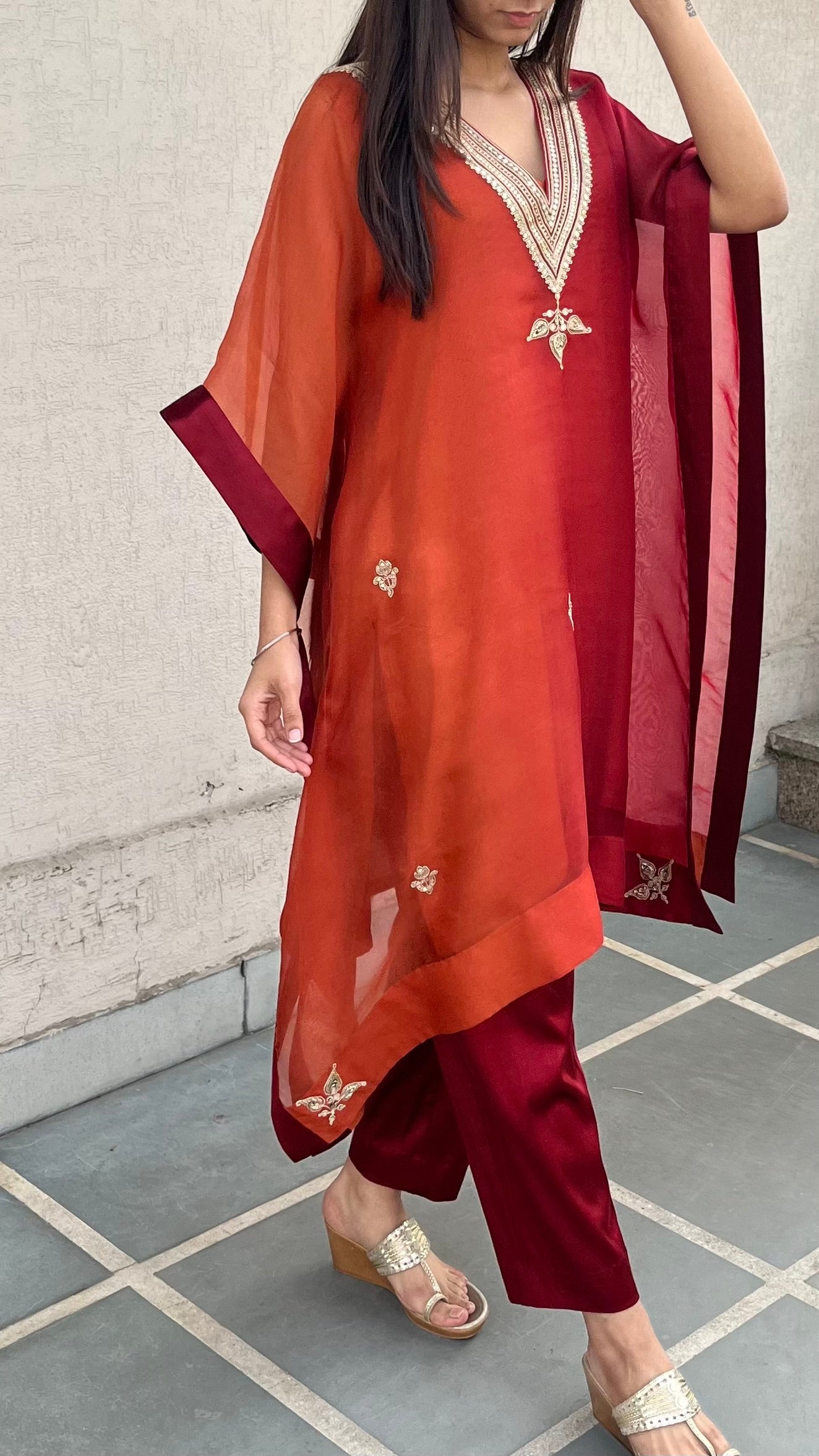 RUBY RED AND RUST ORGANZA KAFTAN