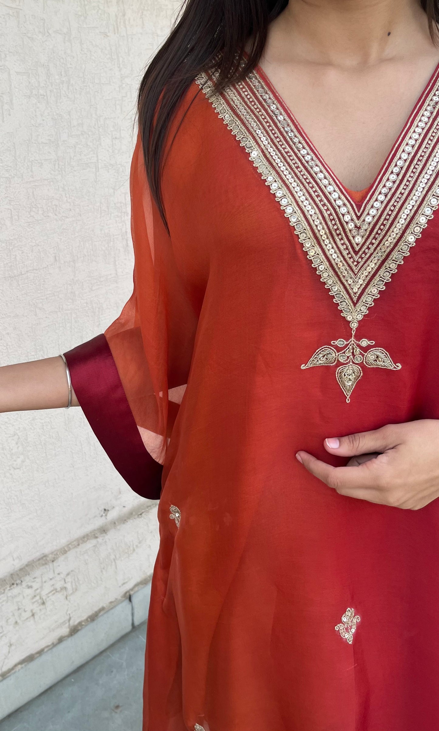 RUBY RED AND RUST ORGANZA KAFTAN