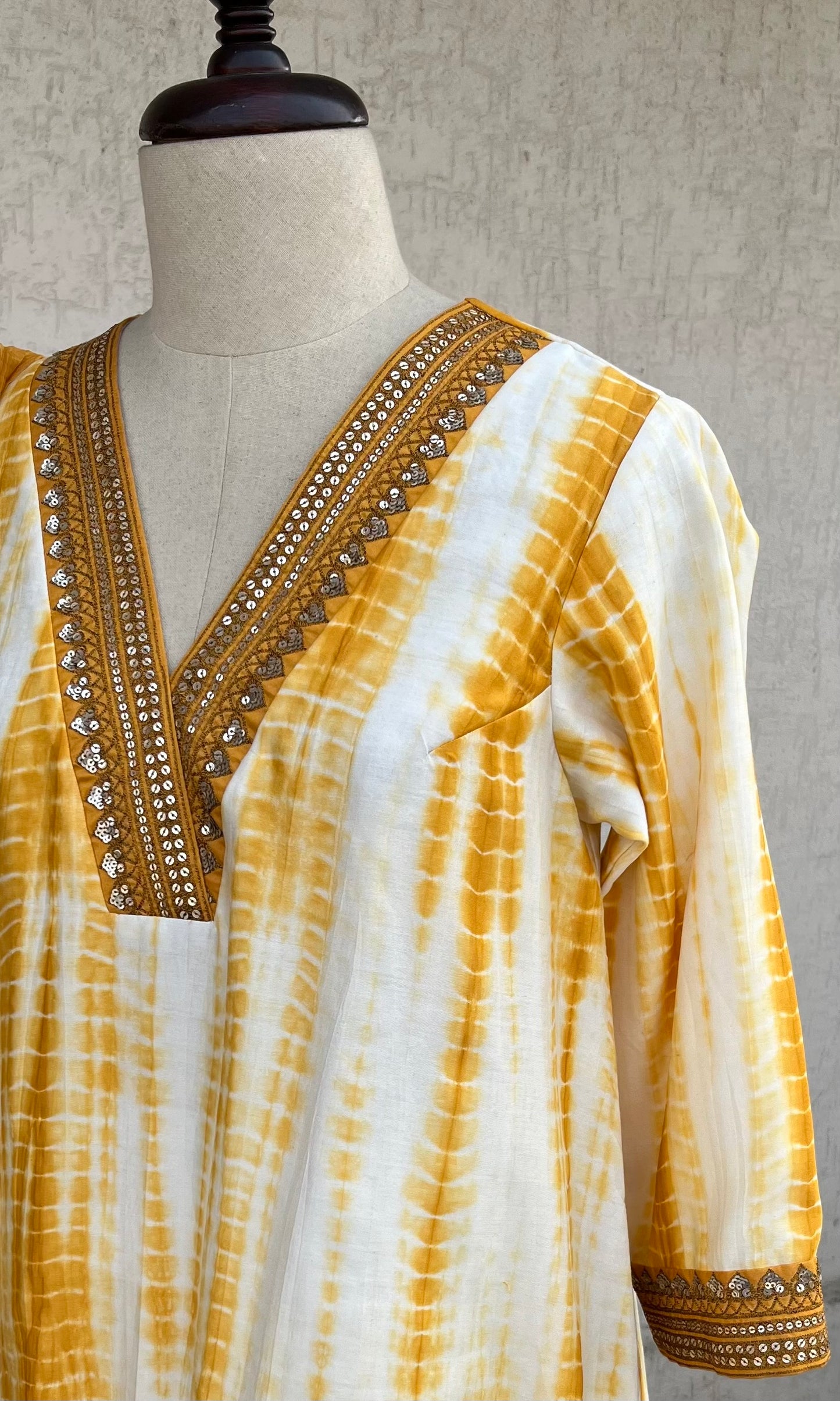MUSTARD AND OFF WHITE KURTA, PANTS AND DUPATTA SET