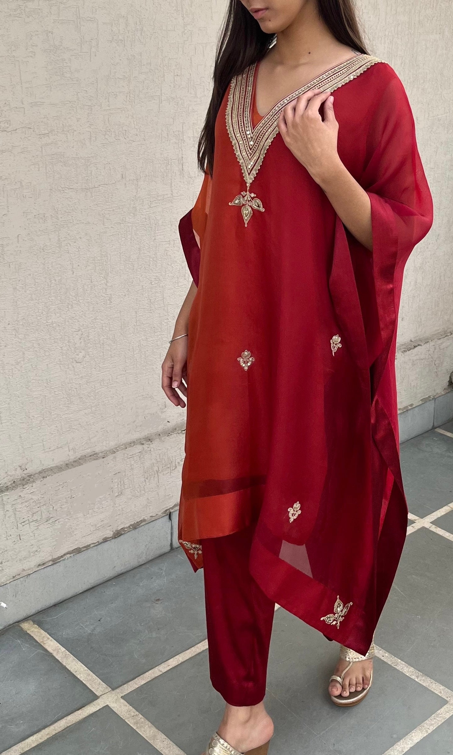 RUBY RED AND RUST ORGANZA KAFTAN