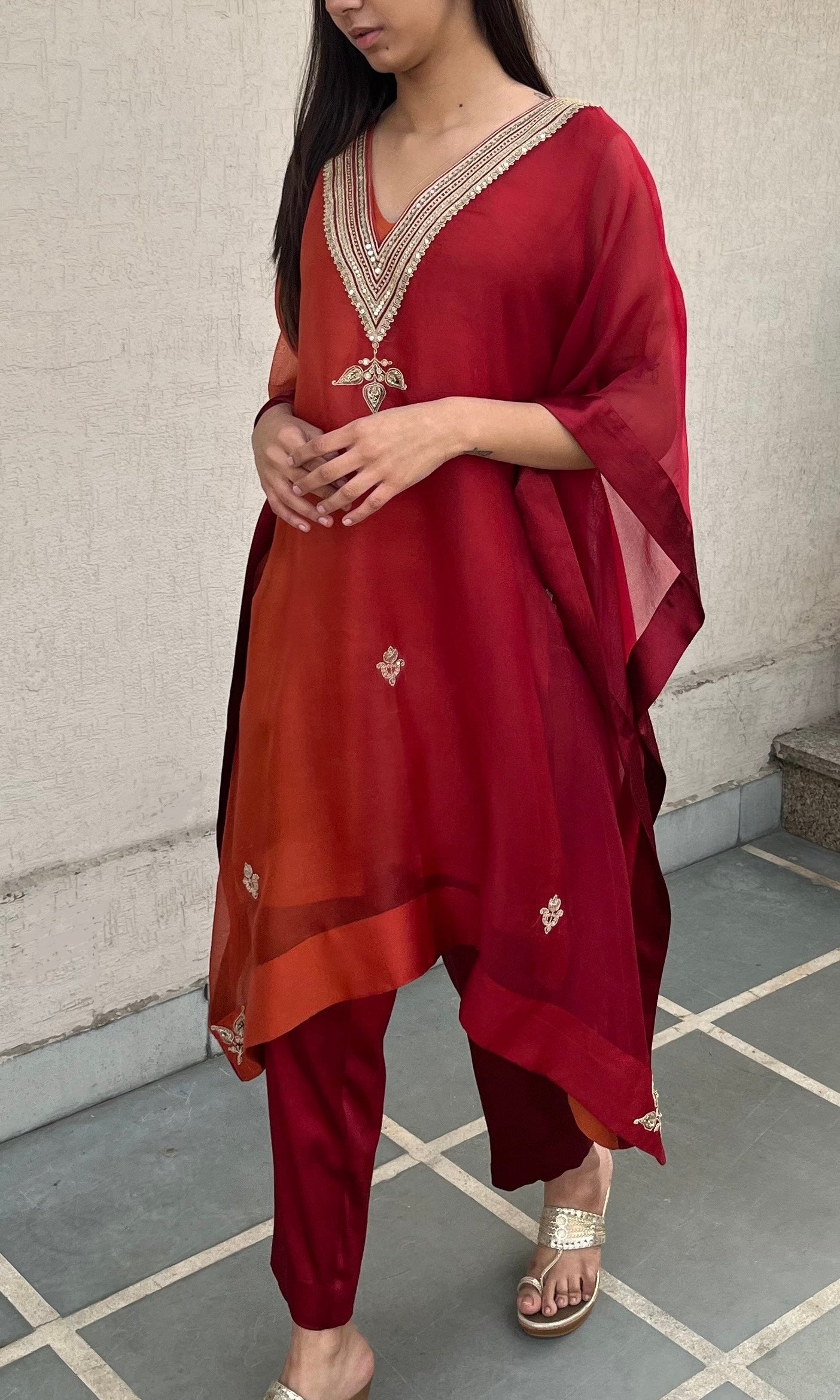 RUBY RED AND RUST ORGANZA KAFTAN