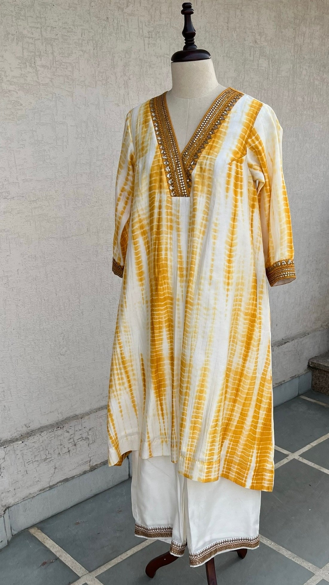 MUSTARD AND OFF WHITE KURTA, PANTS AND DUPATTA SET