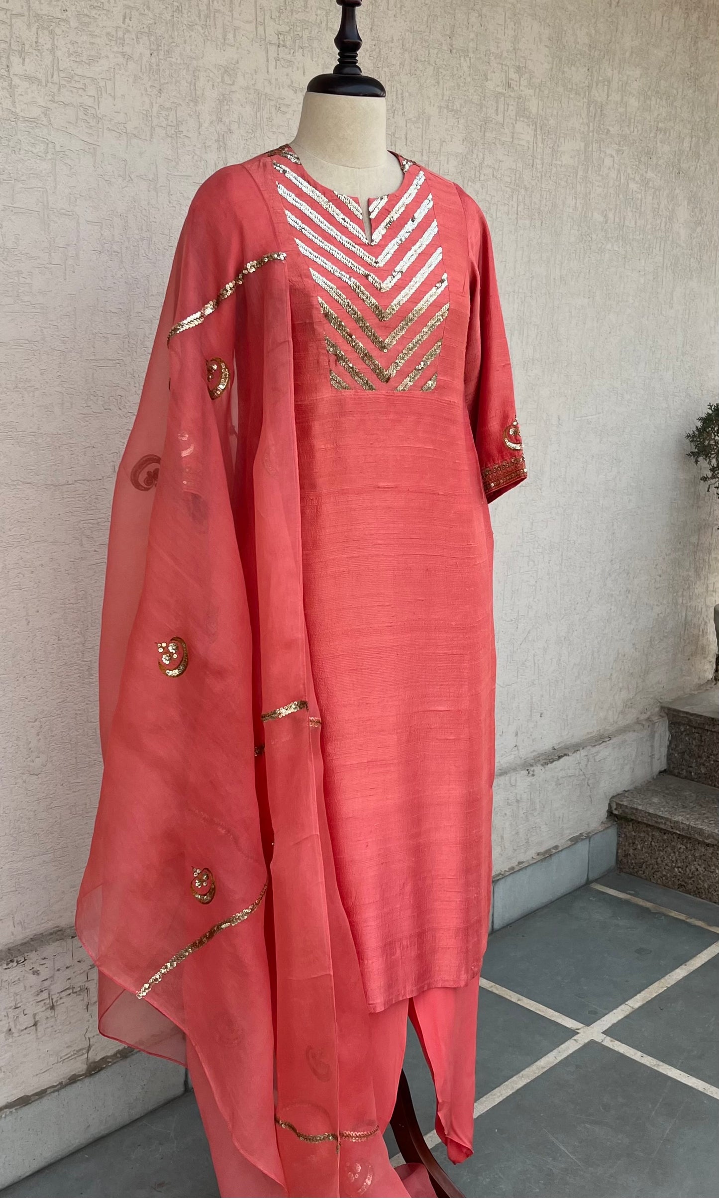 CORAL STRAIGHT KURTA SALWAR & DUPATTA SET