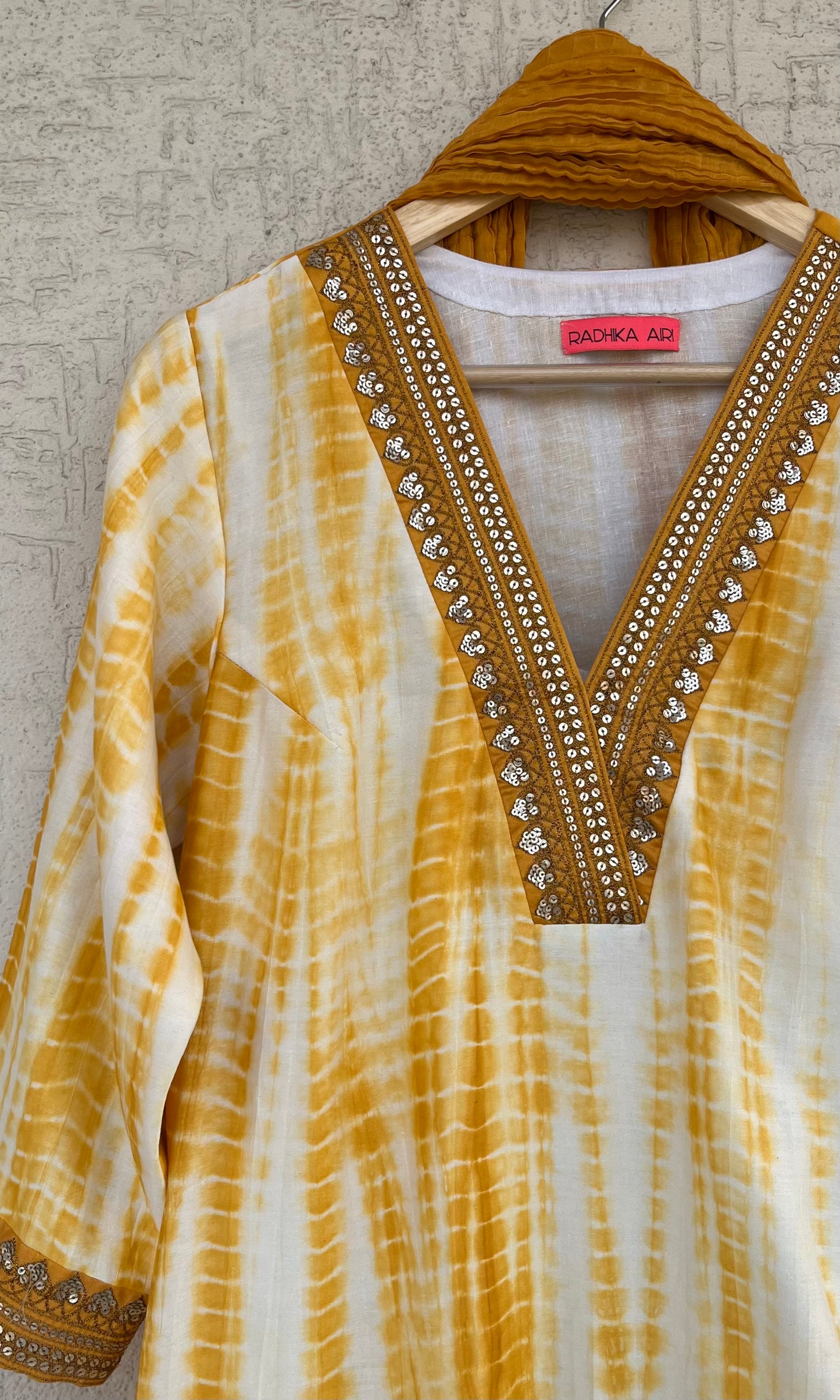 MUSTARD AND OFF WHITE KURTA, PANTS AND DUPATTA SET