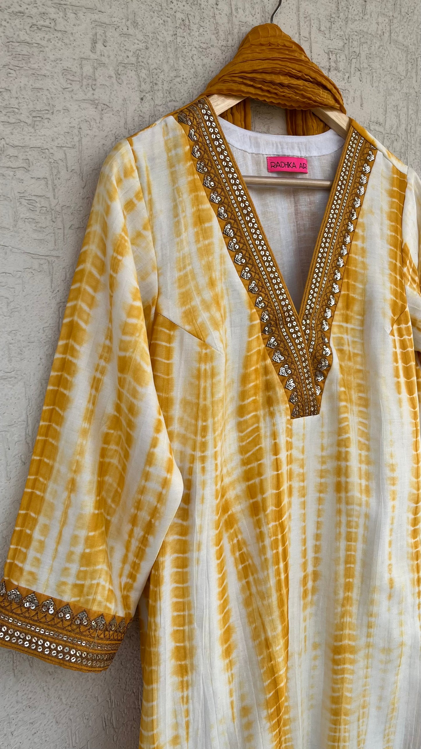 MUSTARD AND OFF WHITE KURTA, PANTS AND DUPATTA SET