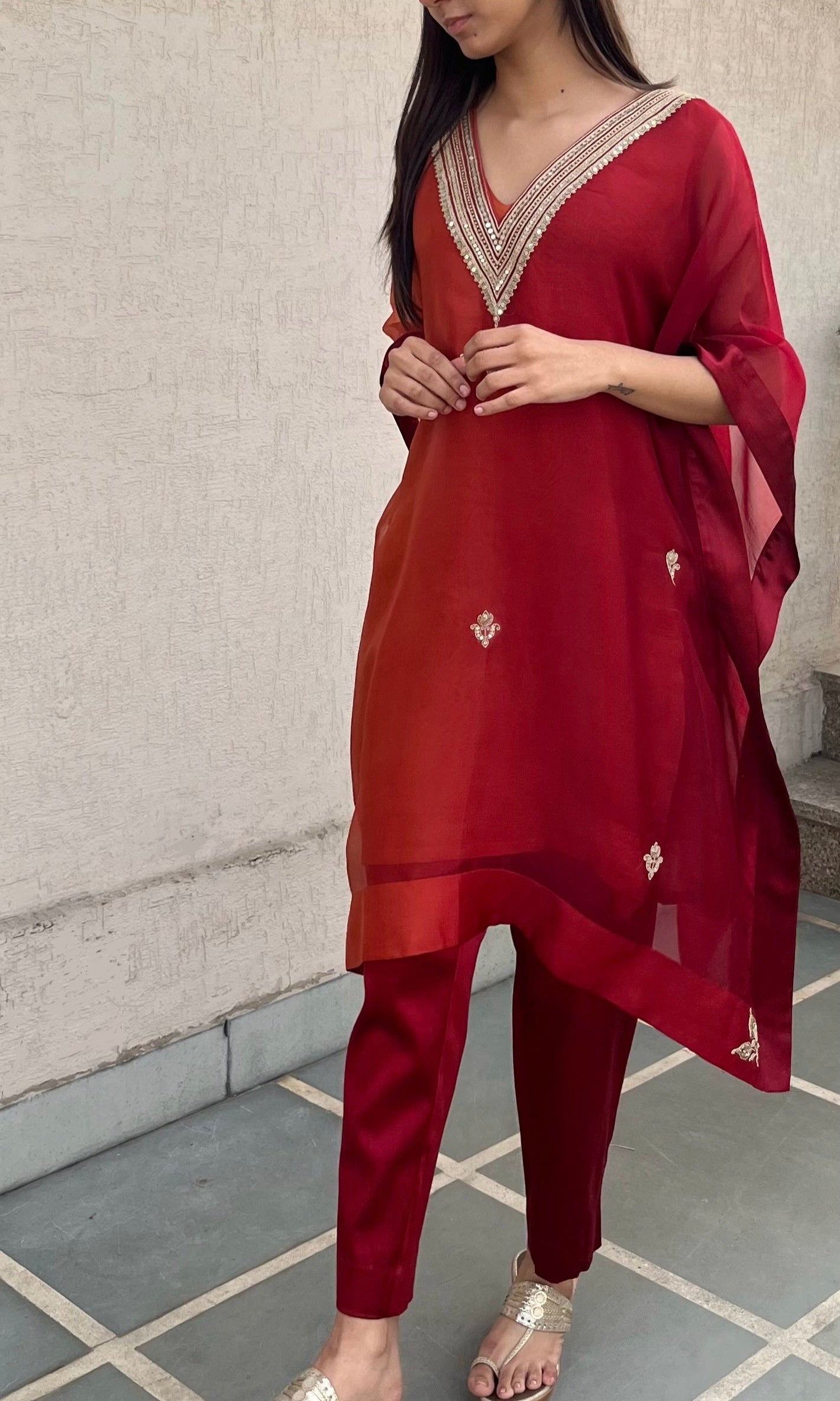 RUBY RED AND RUST ORGANZA KAFTAN