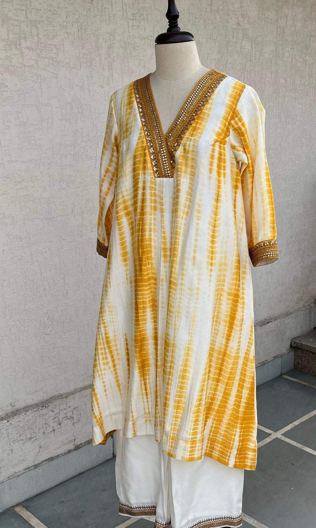 MUSTARD AND OFF WHITE KURTA, PANTS AND DUPATTA SET