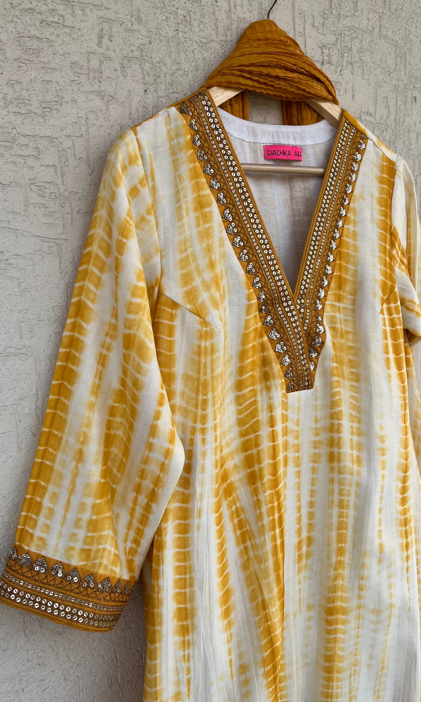 MUSTARD AND OFF WHITE KURTA, PANTS AND DUPATTA SET