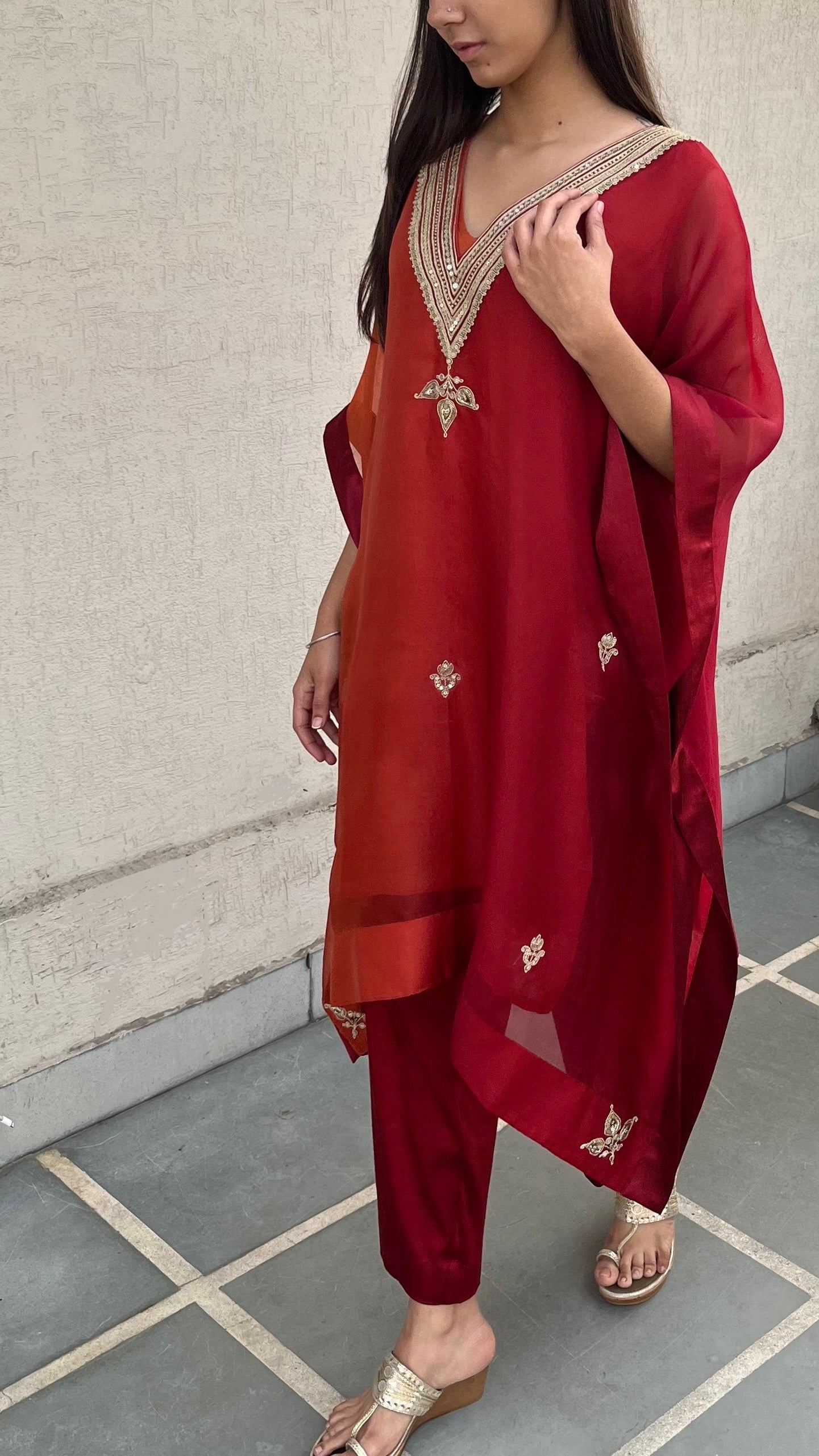 RUBY RED AND RUST ORGANZA KAFTAN