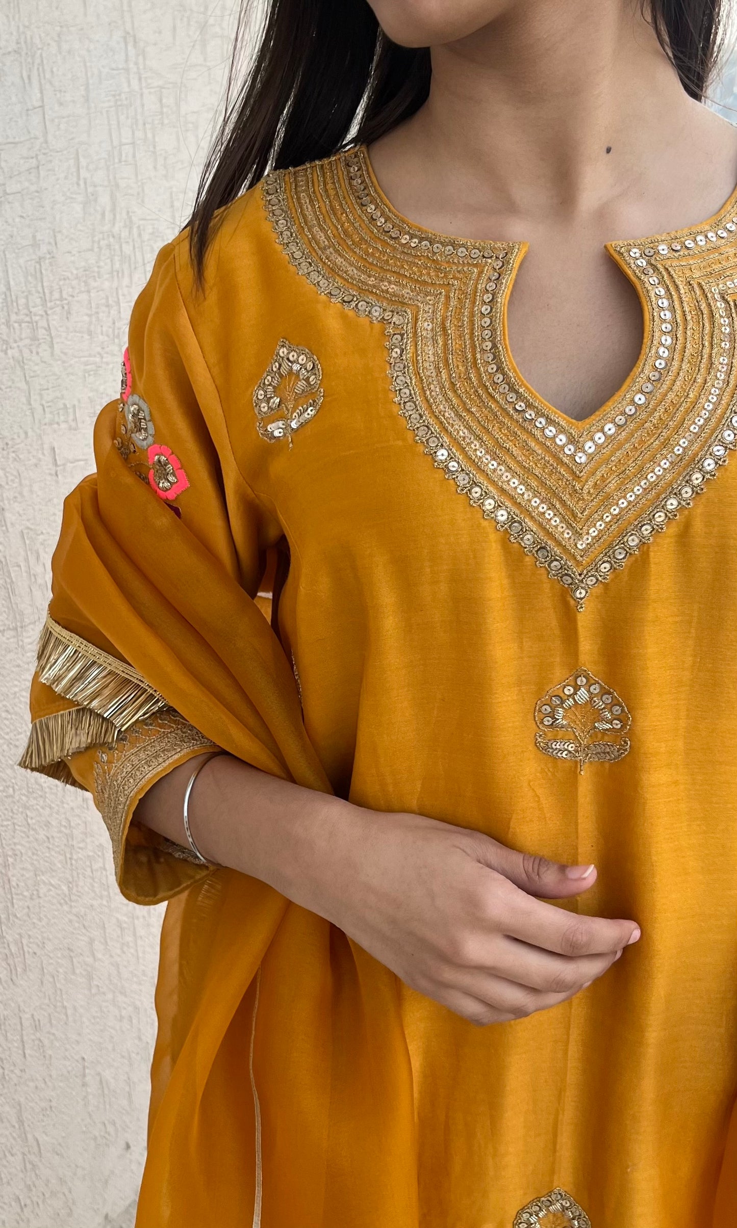 MUSTARD STRAIGHT KURTA, PANTS & DUPATTA SET