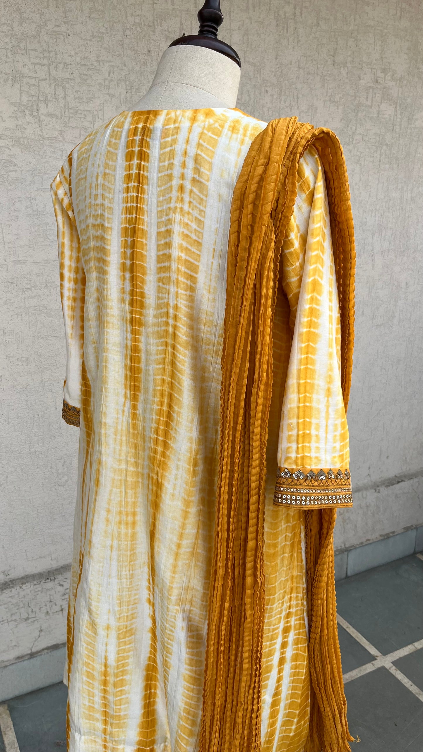 MUSTARD AND OFF WHITE KURTA, PANTS AND DUPATTA SET