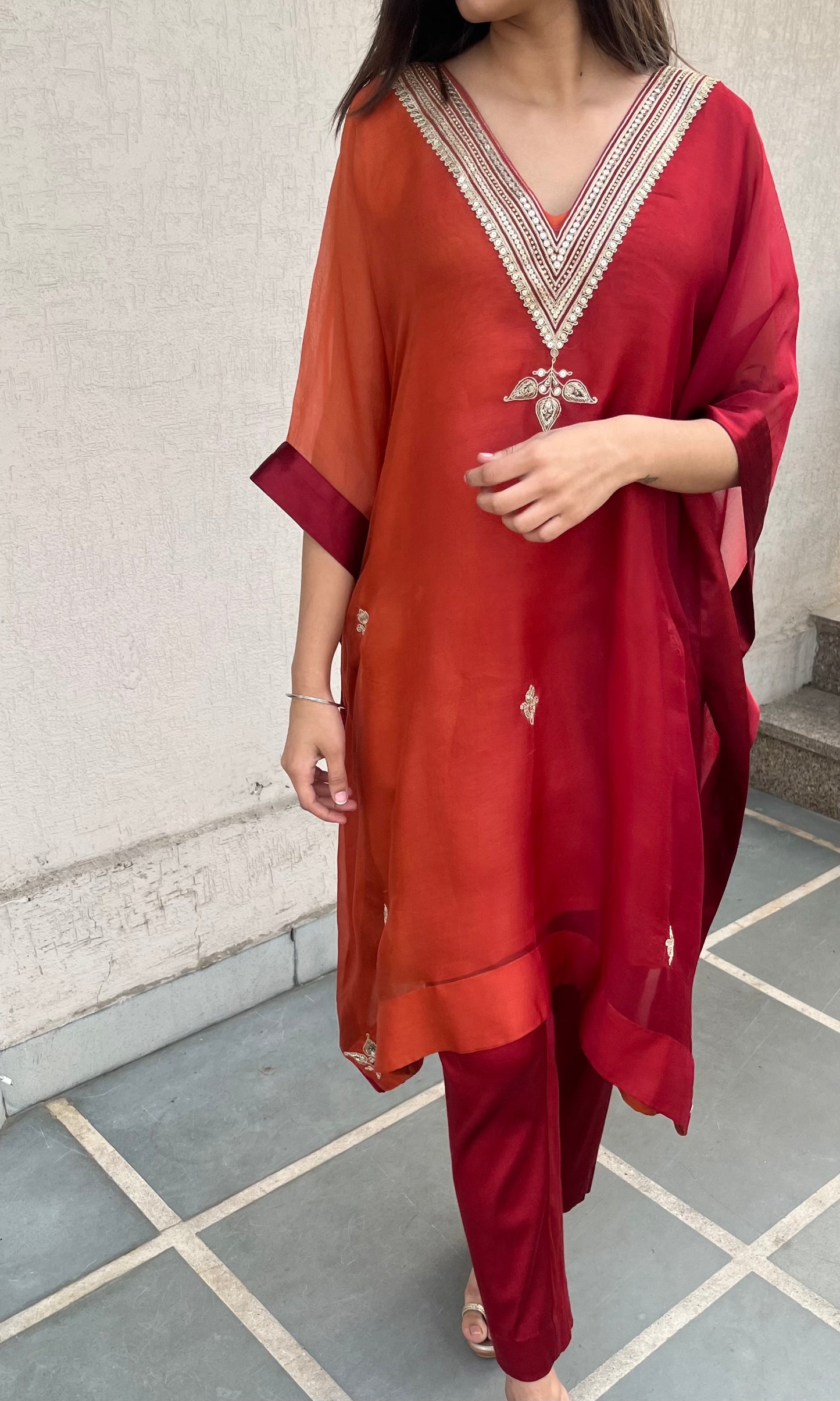 RUBY RED AND RUST ORGANZA KAFTAN
