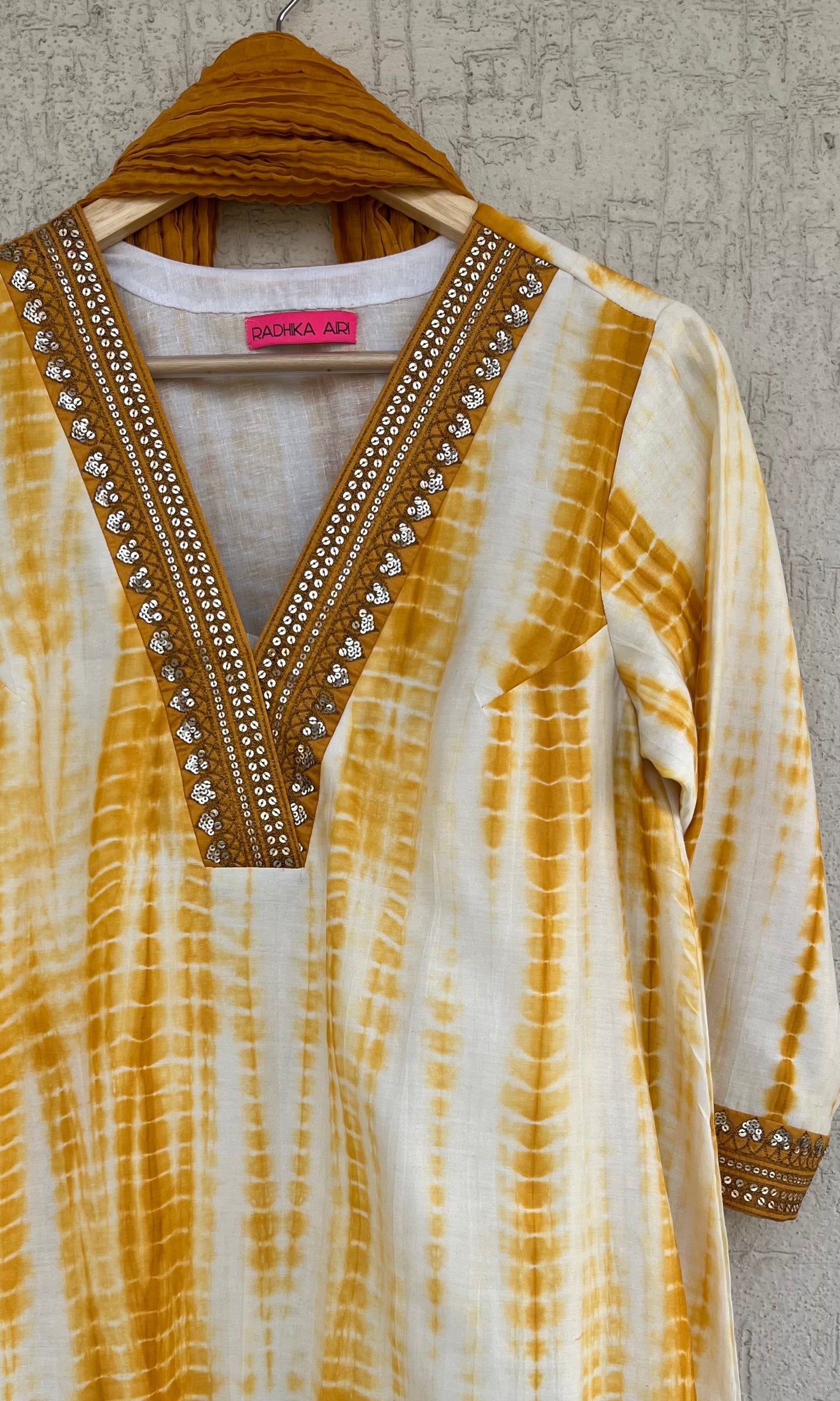 MUSTARD AND OFF WHITE KURTA, PANTS AND DUPATTA SET