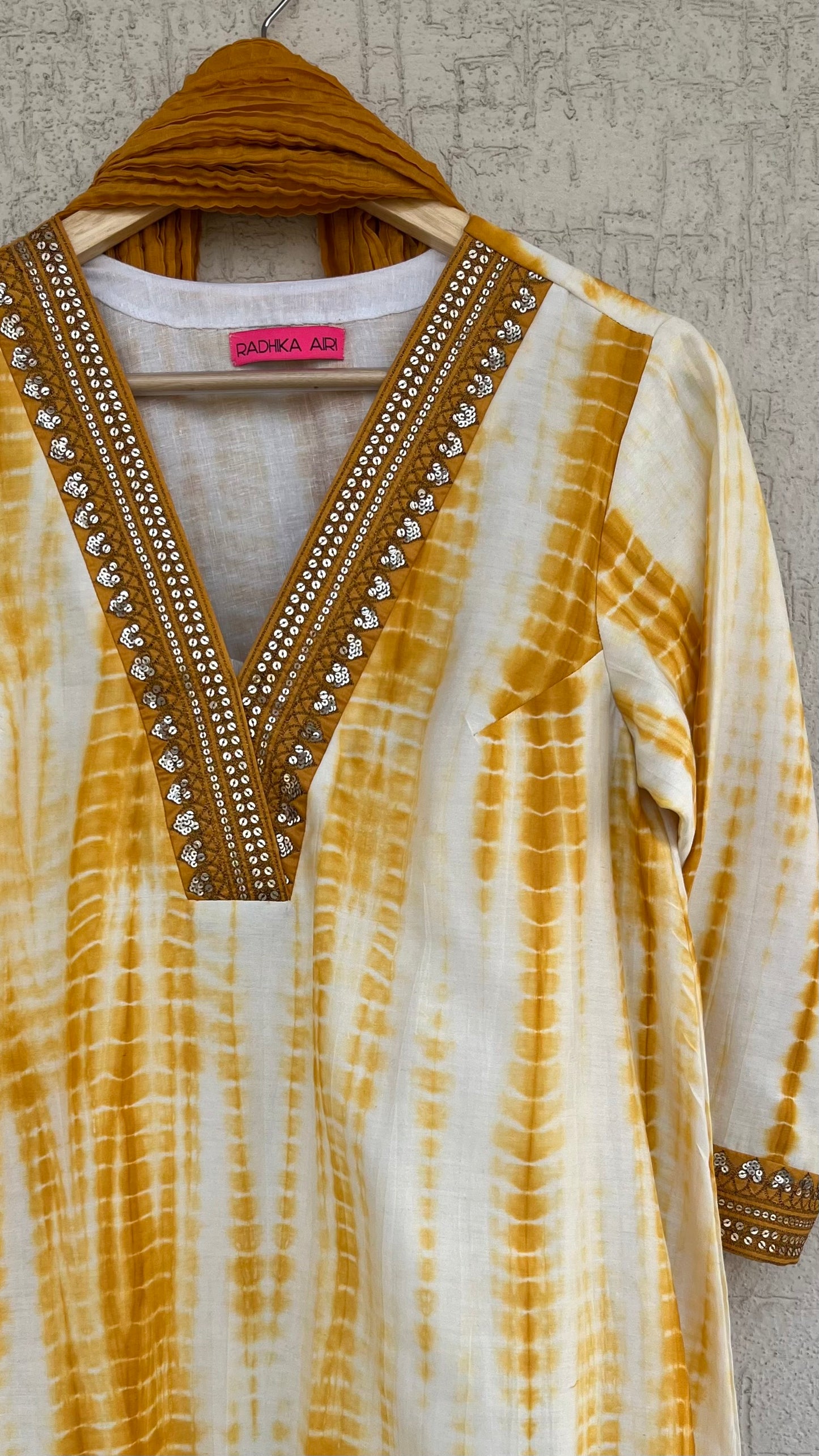 MUSTARD AND OFF WHITE KURTA, PANTS AND DUPATTA SET