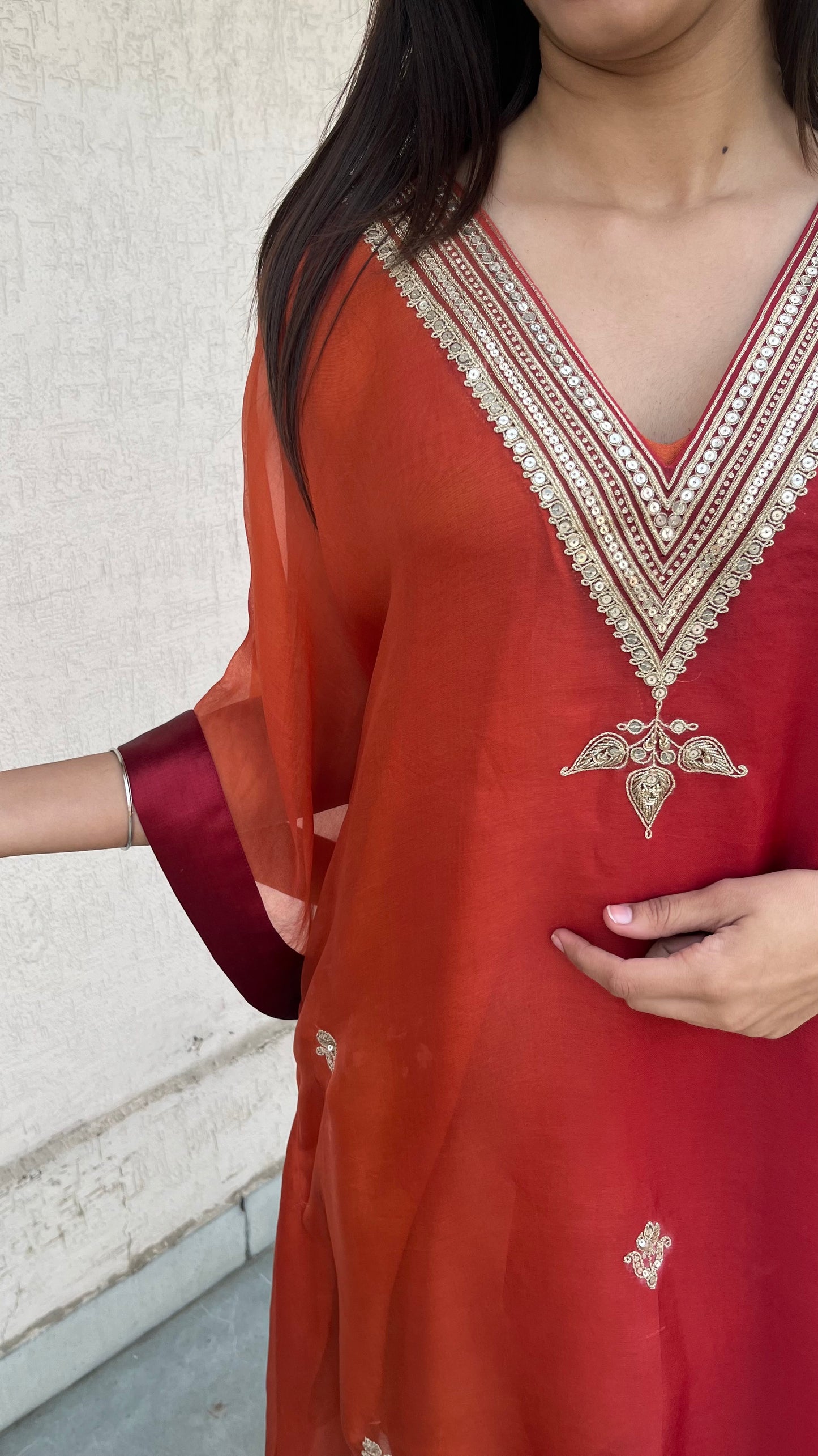 RUBY RED AND RUST ORGANZA KAFTAN