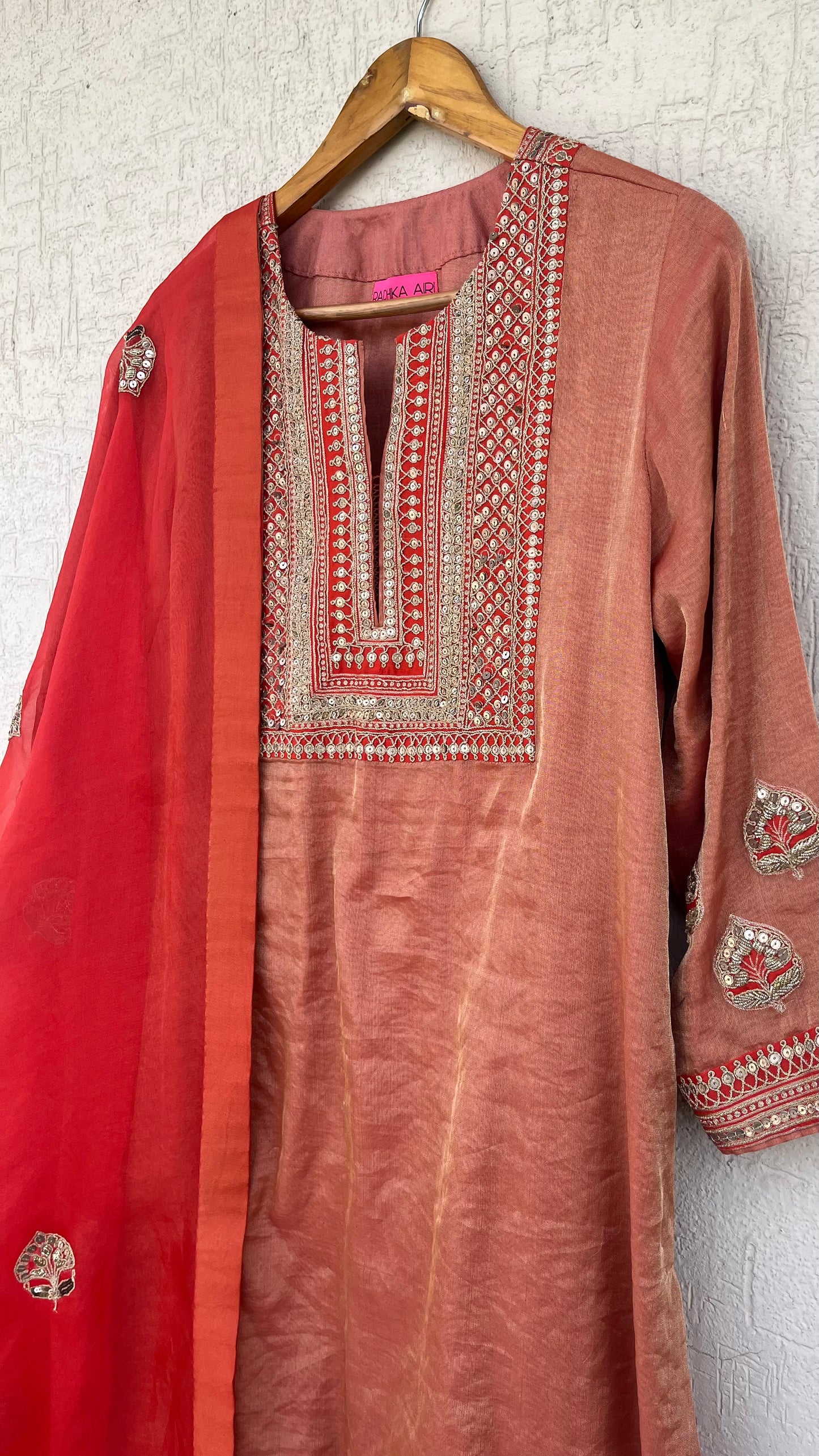 SCARLET SILK TISSUE KURTA SET