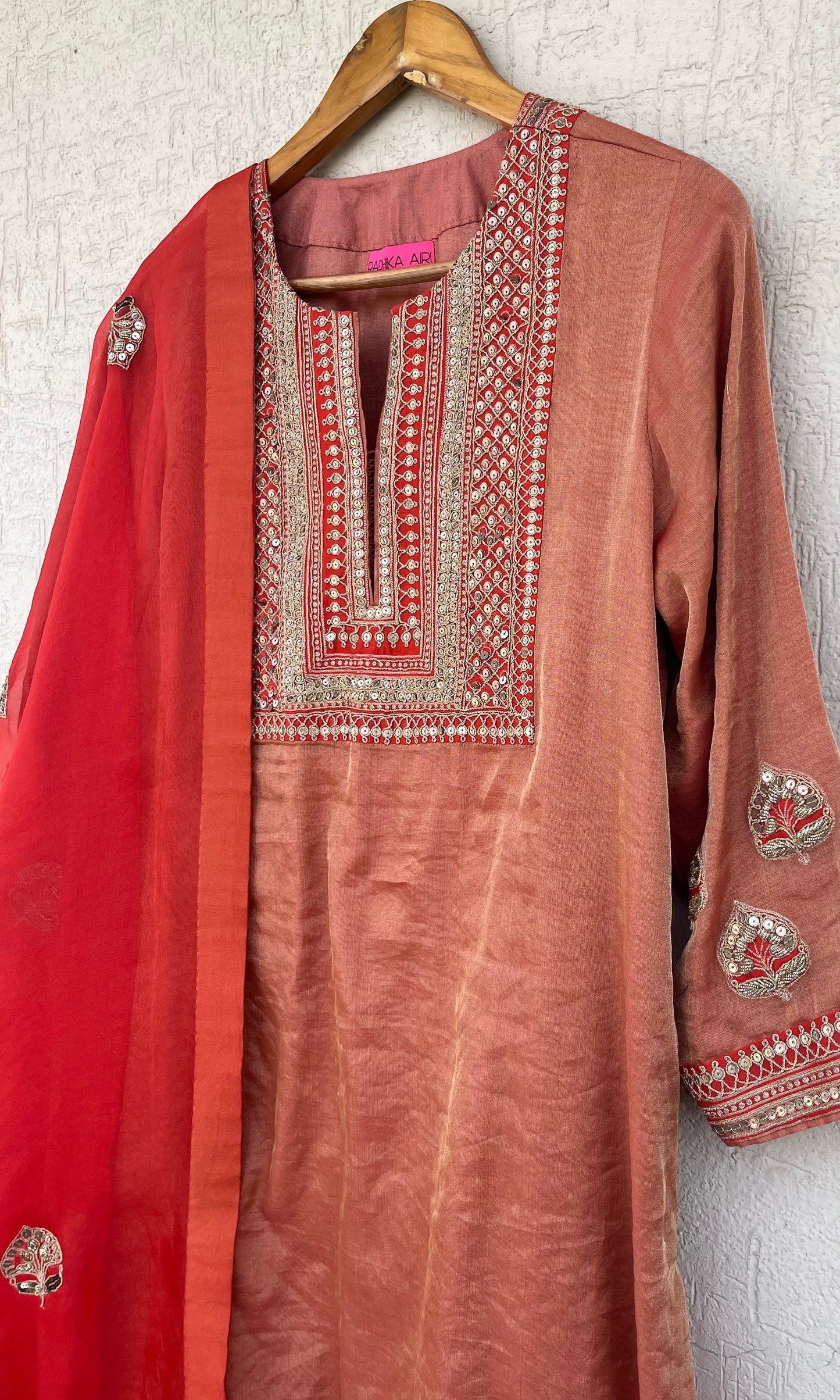 SCARLET SILK TISSUE KURTA SET