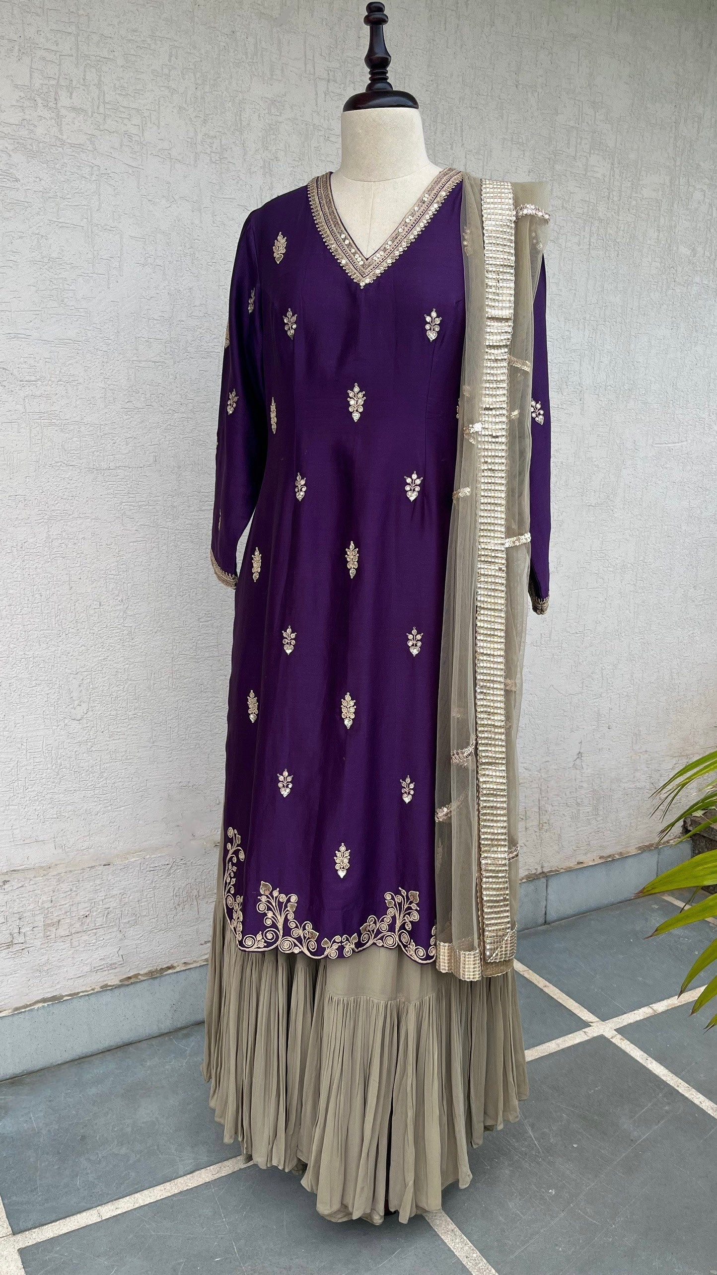 DEEP PURPLE KURTA, SKIRT & DUPATTA SET