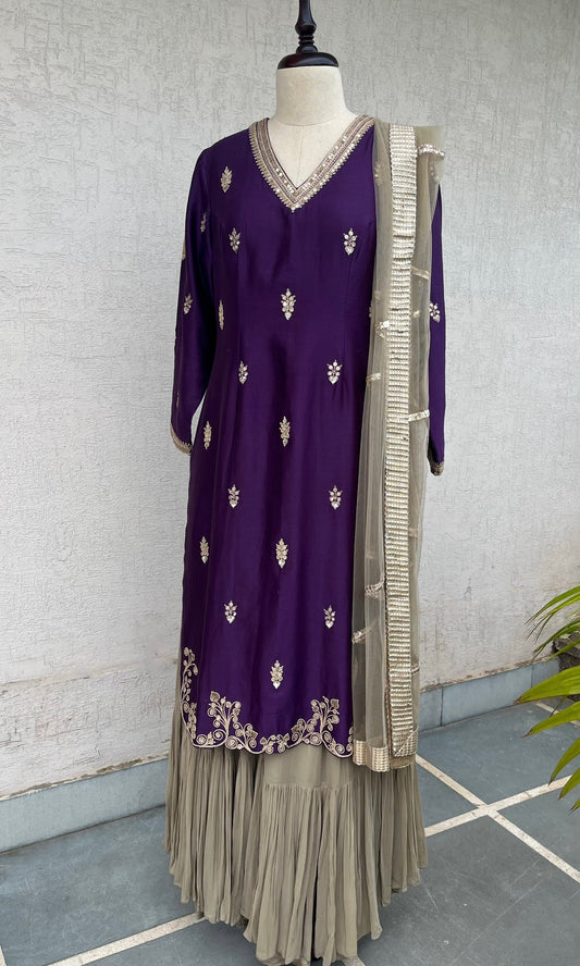 DEEP PURPLE KURTA, SKIRT & DUPATTA SET