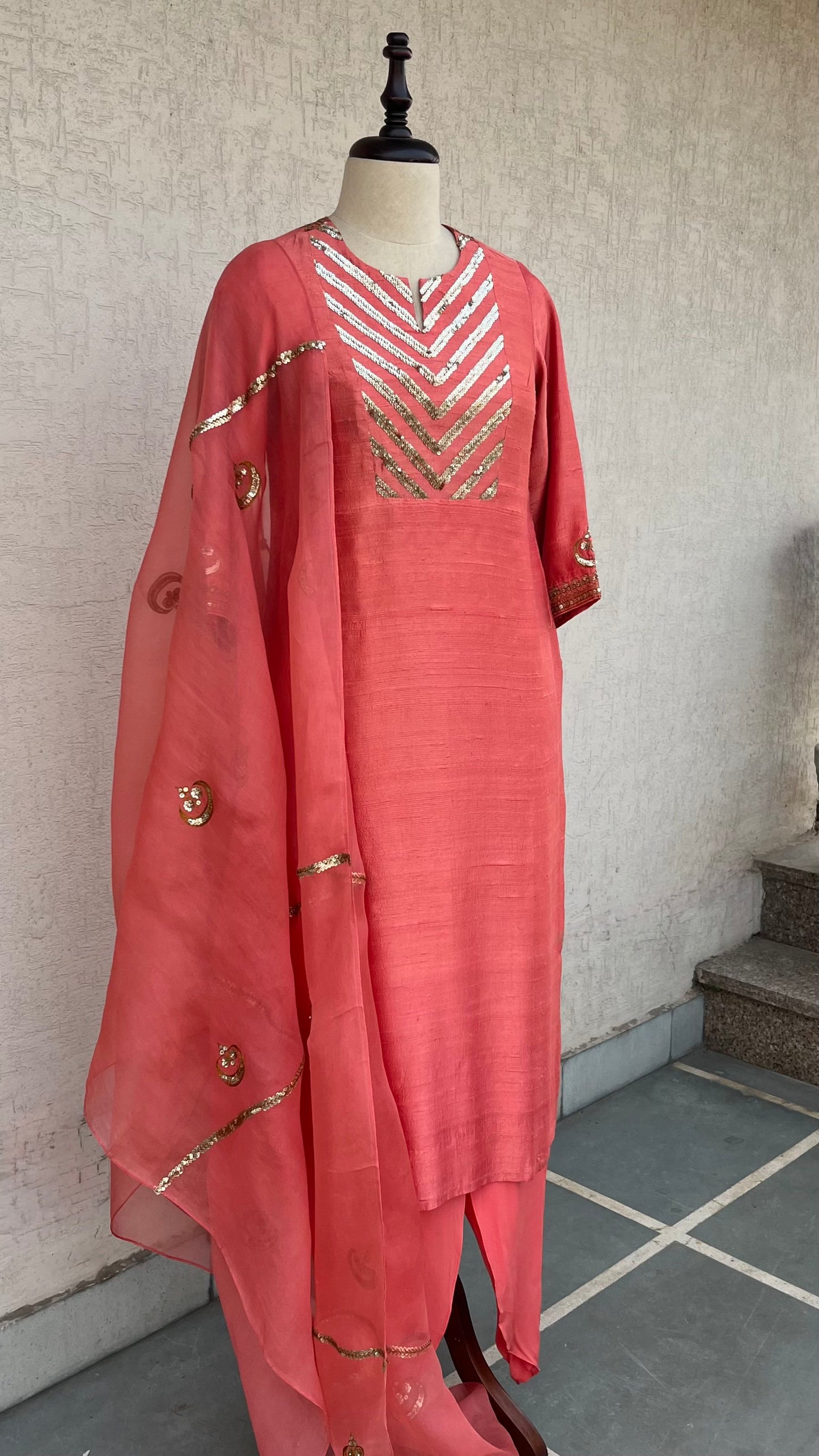 CORAL STRAIGHT KURTA SALWAR & DUPATTA SET