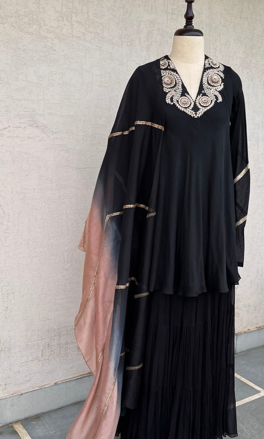 BLACK A- LINE KURTA AND GHARARA SET