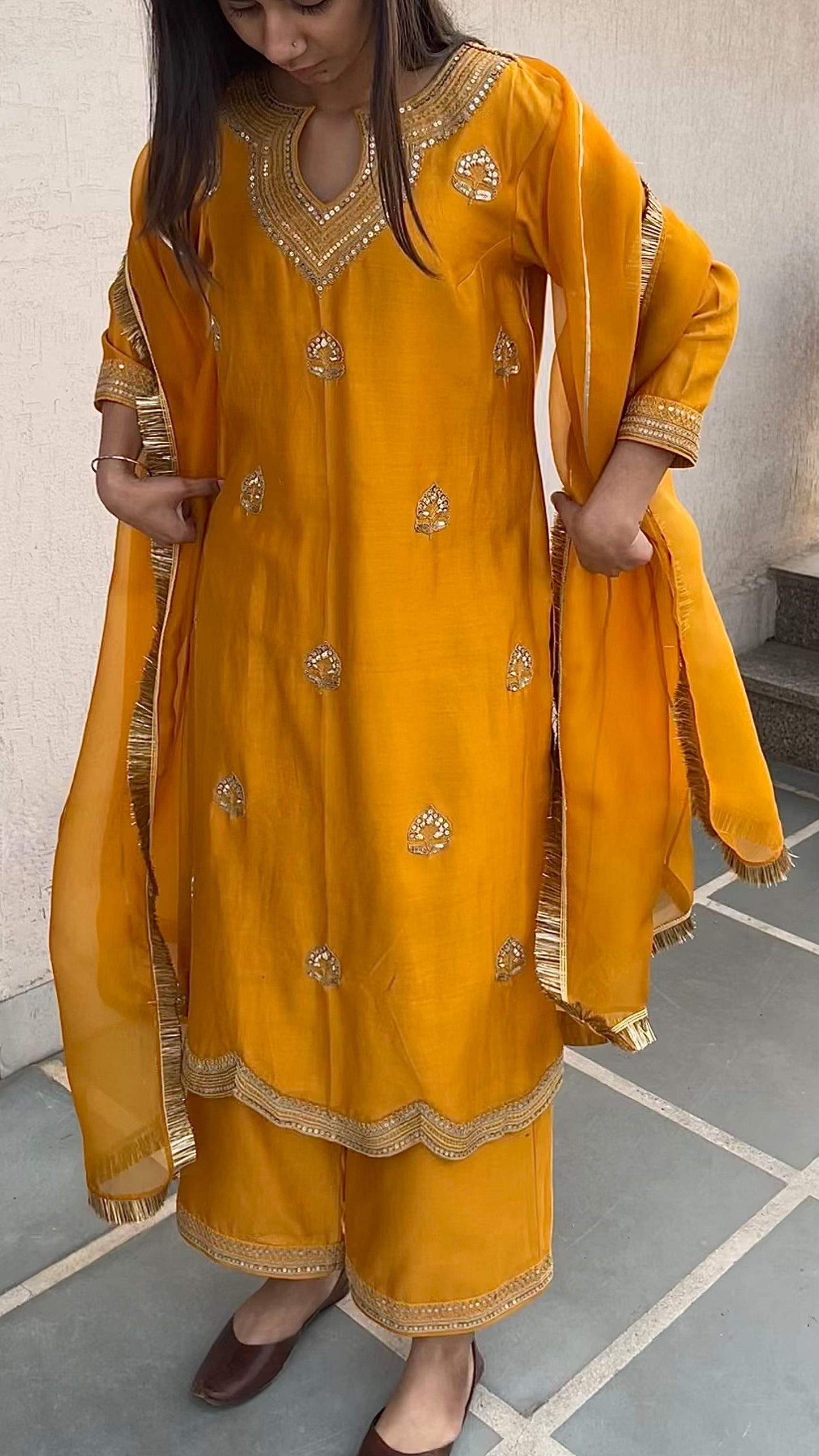 MUSTARD STRAIGHT KURTA, PANTS & DUPATTA SET