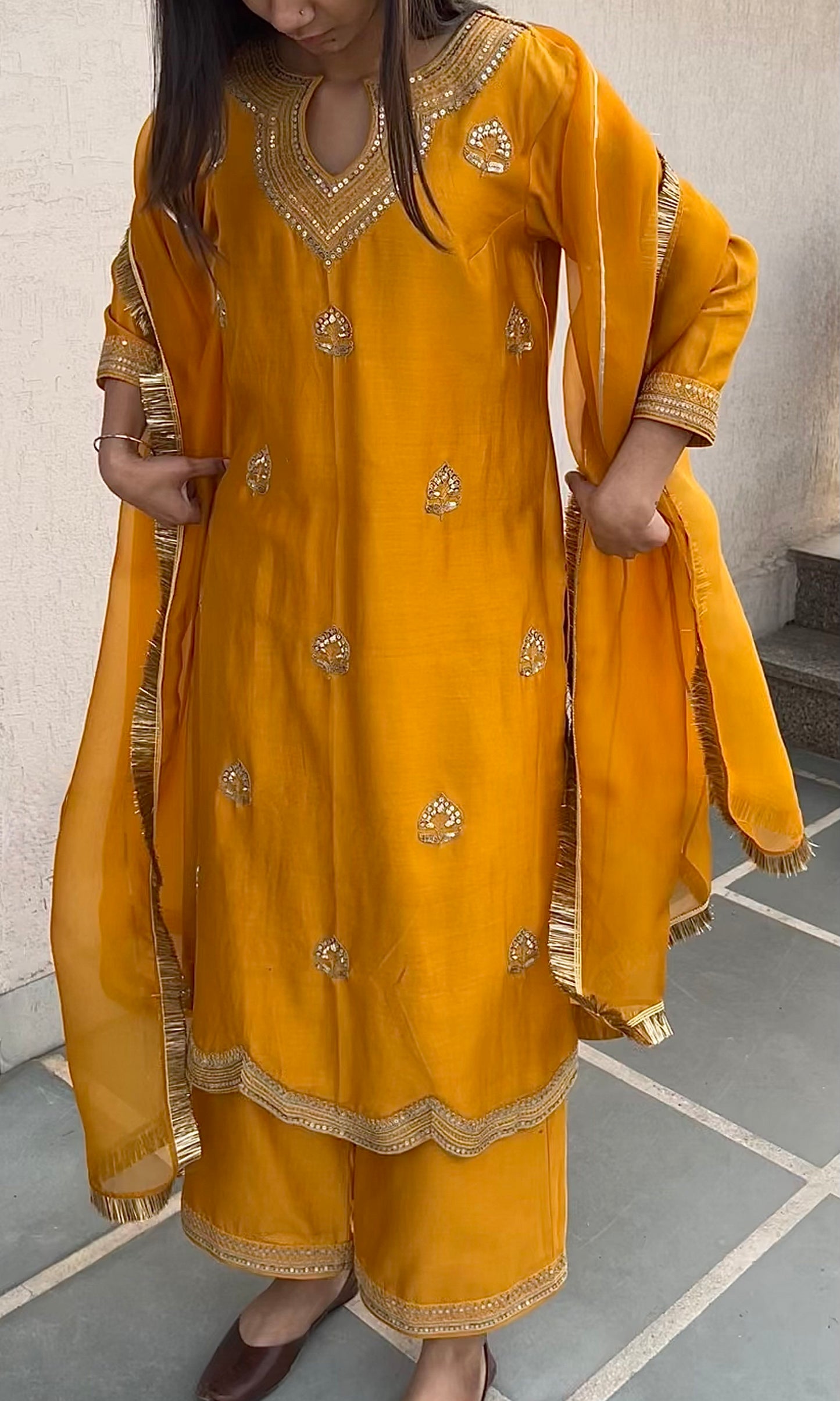 MUSTARD STRAIGHT KURTA, PANTS & DUPATTA SET
