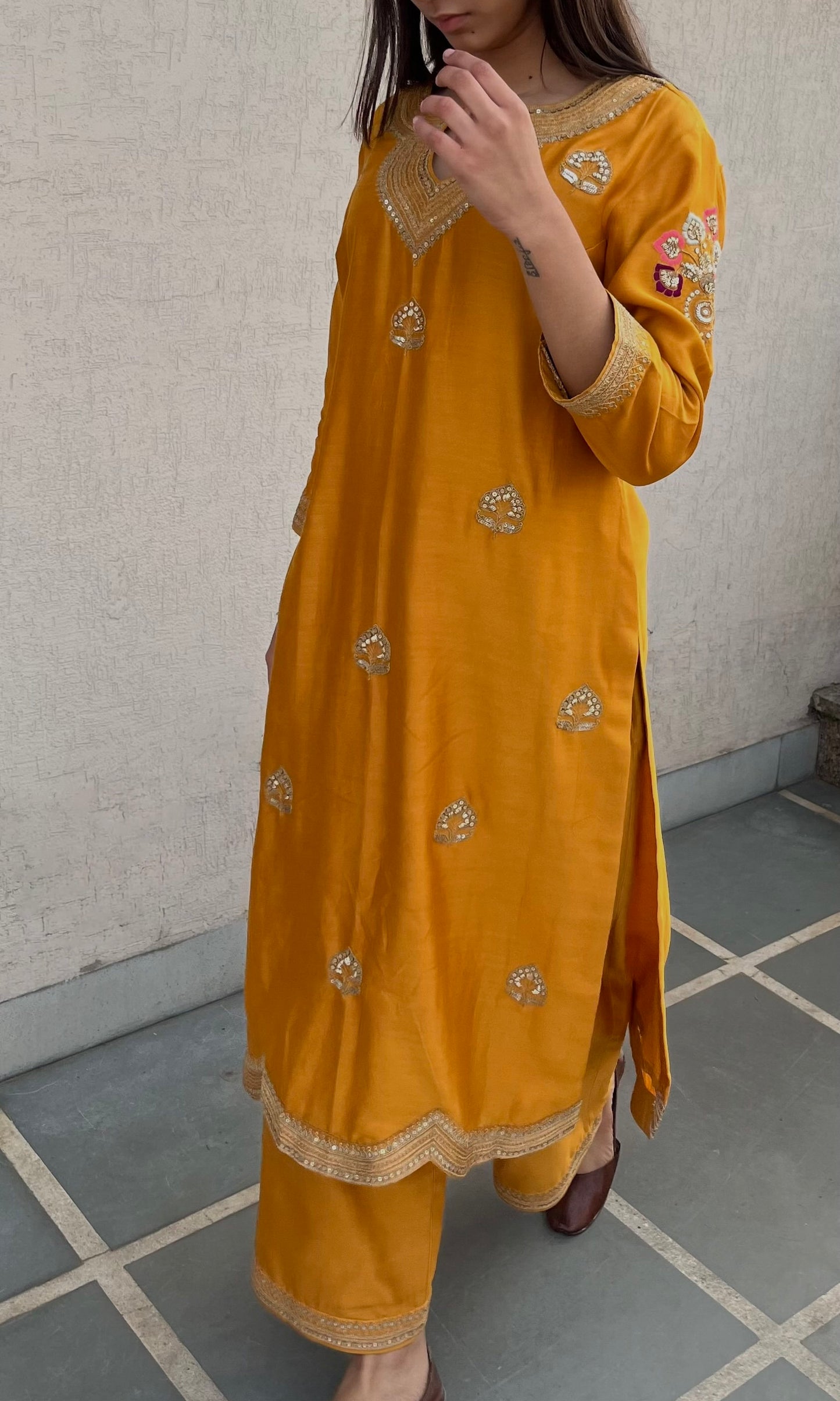 MUSTARD STRAIGHT KURTA, PANTS & DUPATTA SET