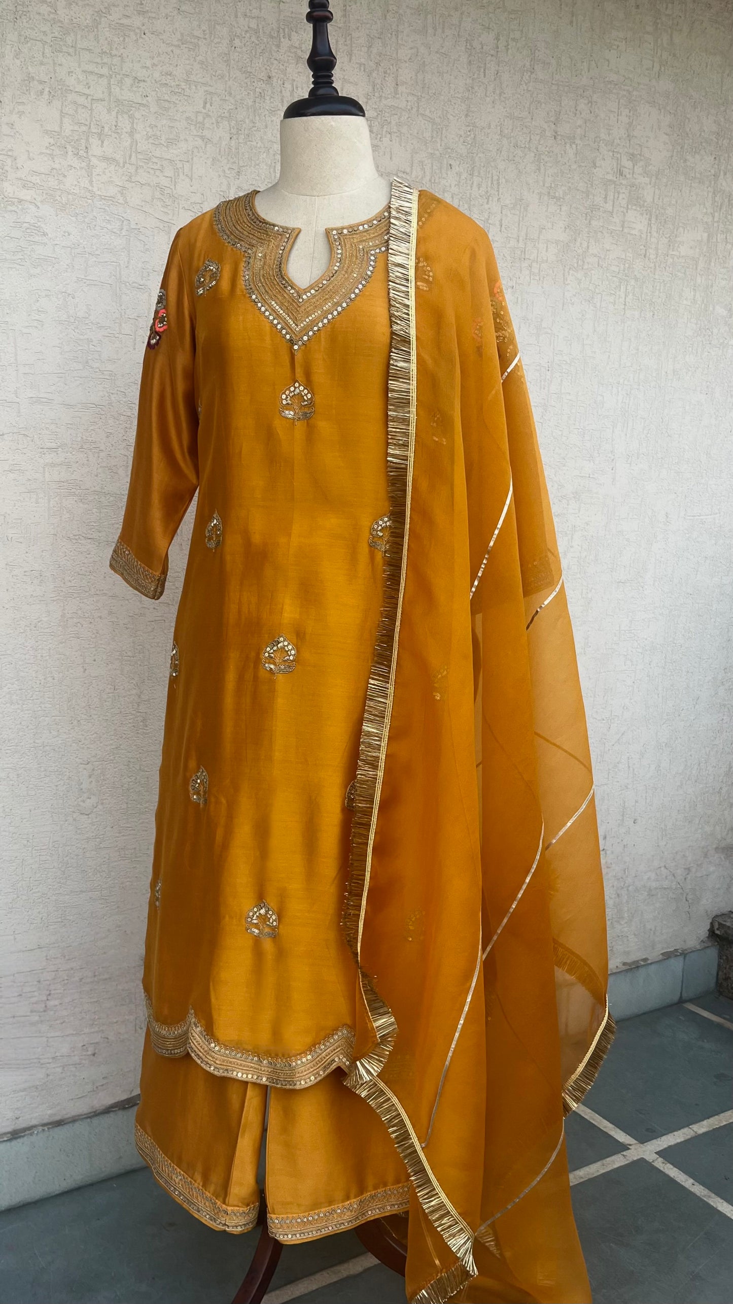 MUSTARD STRAIGHT KURTA, PANTS & DUPATTA SET