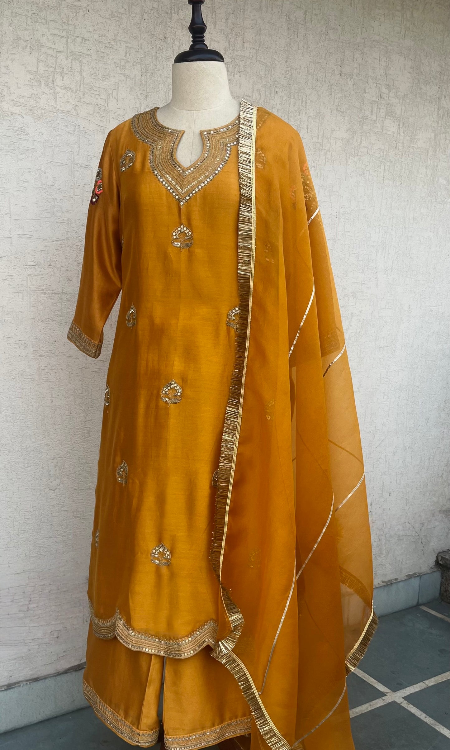 MUSTARD STRAIGHT KURTA, PANTS & DUPATTA SET