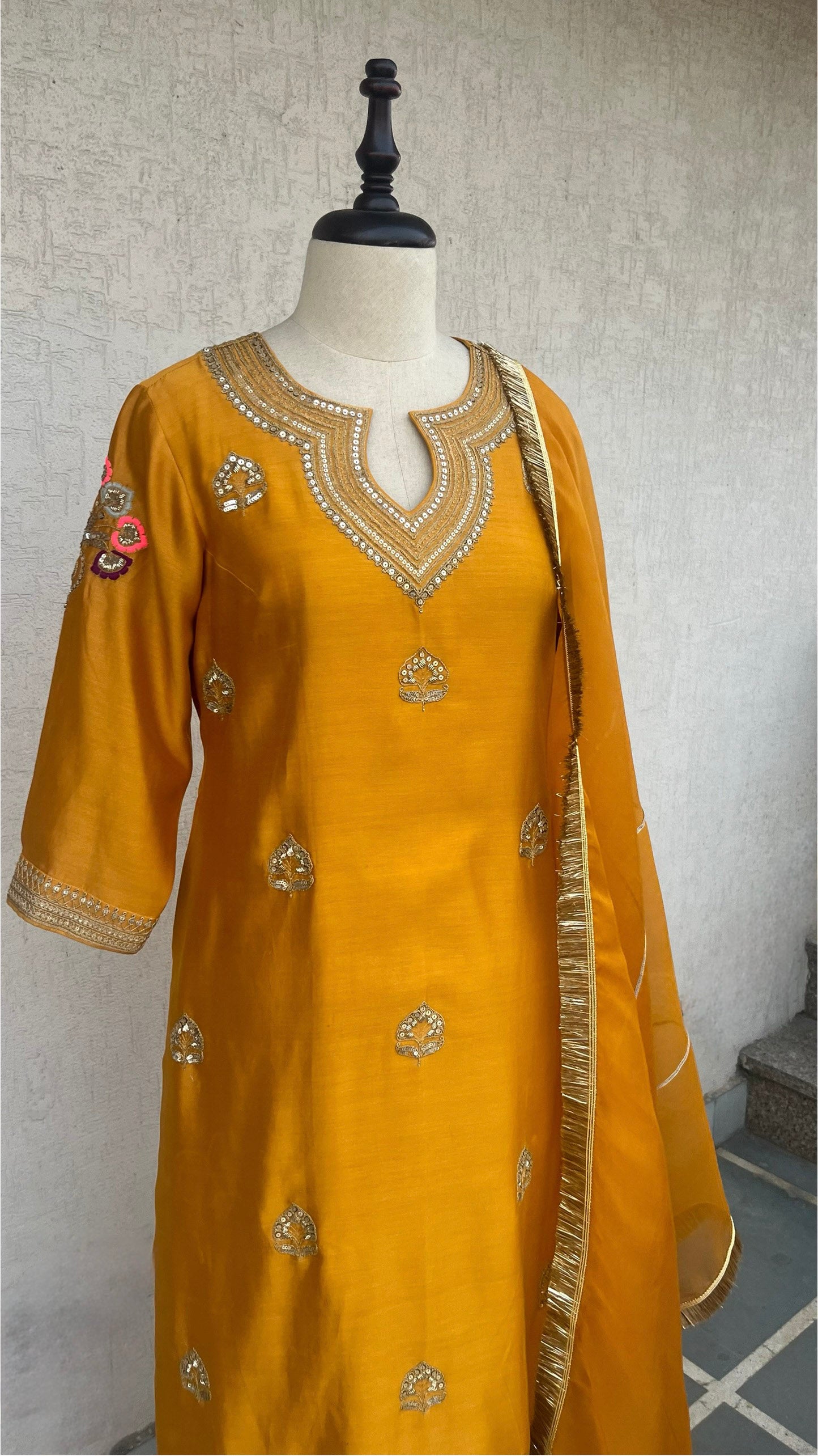 MUSTARD STRAIGHT KURTA, PANTS & DUPATTA SET