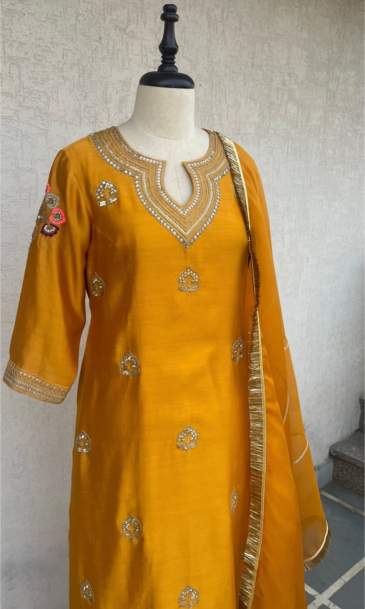 MUSTARD STRAIGHT KURTA, PANTS & DUPATTA SET