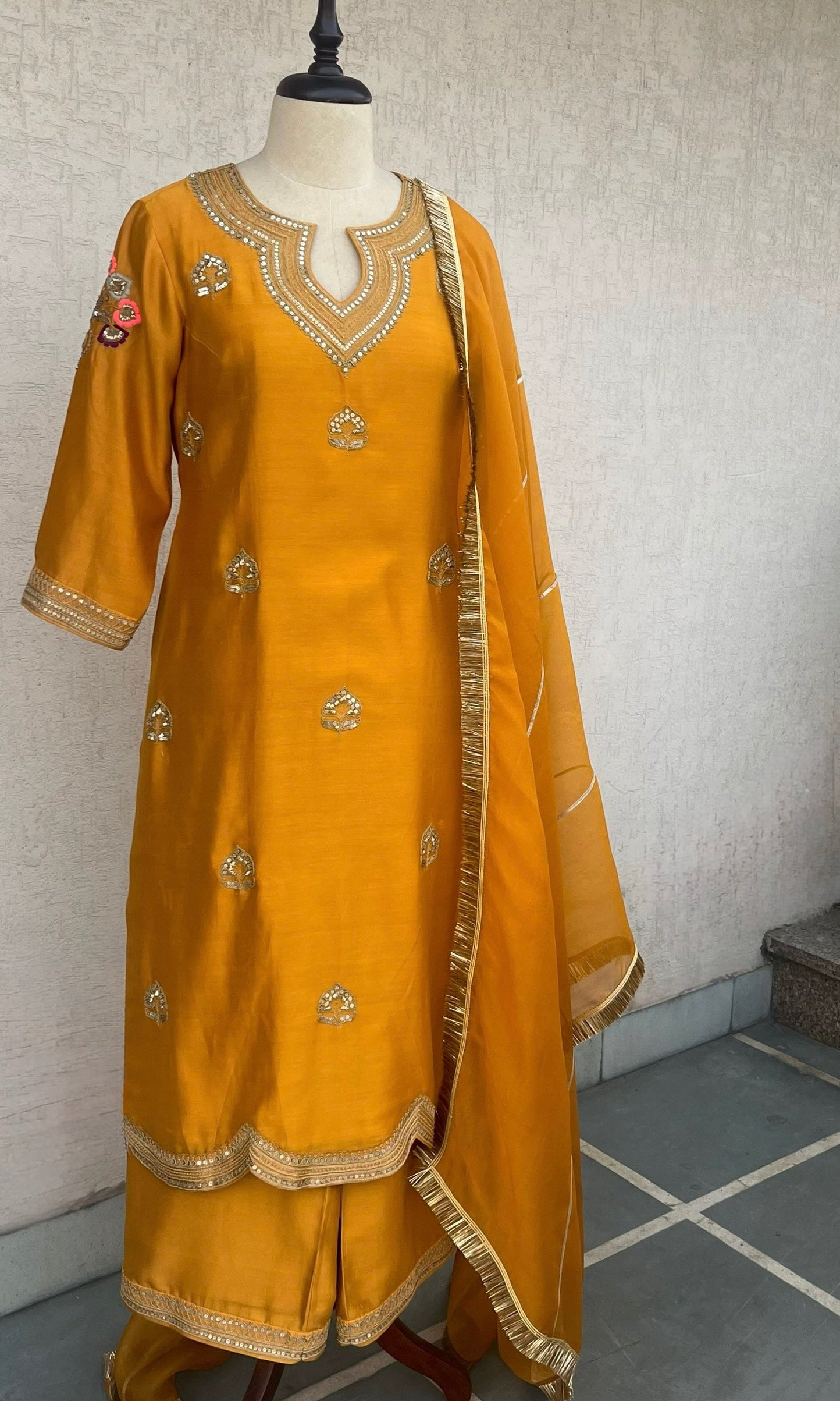 MUSTARD STRAIGHT KURTA, PANTS & DUPATTA SET