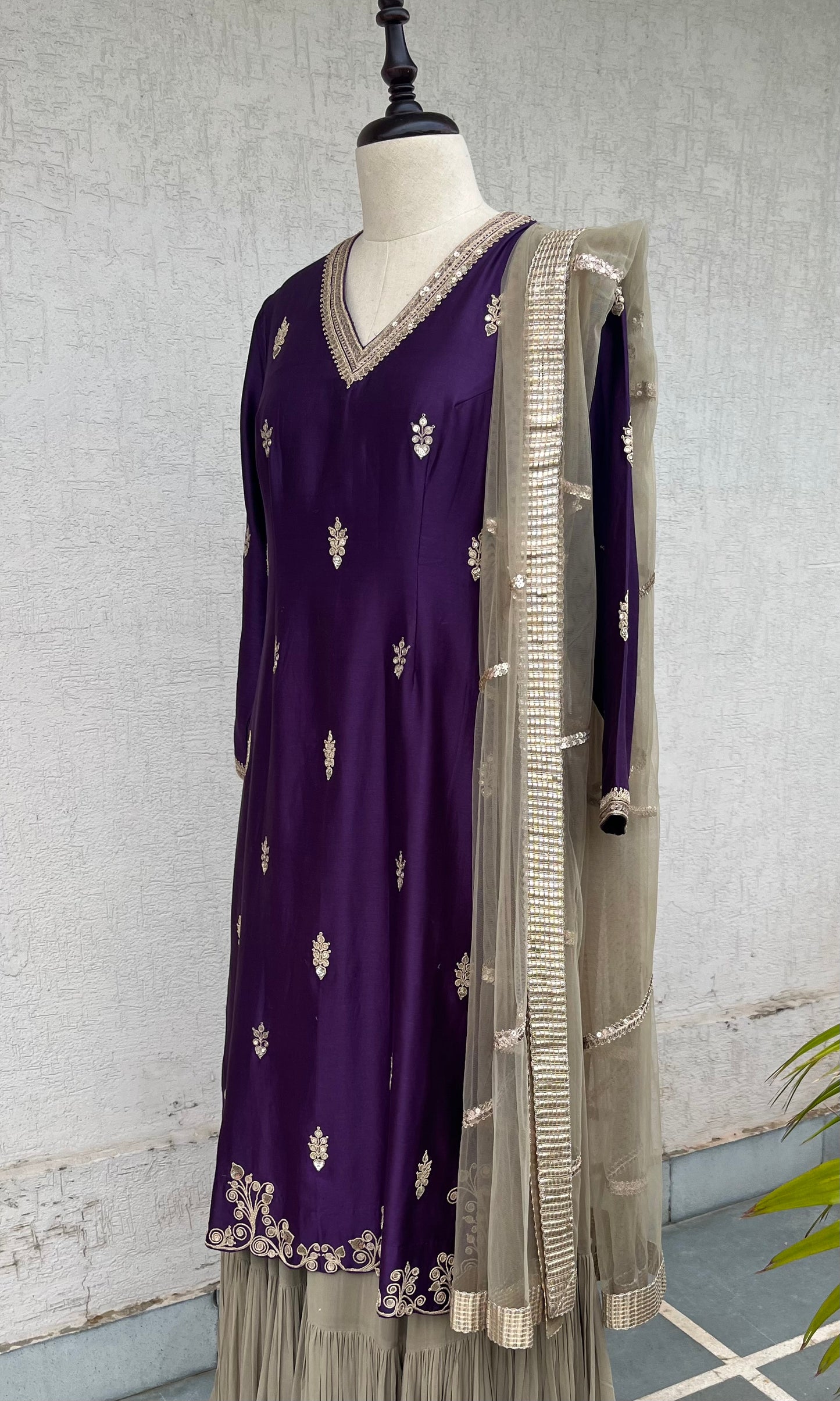 DEEP PURPLE KURTA, SKIRT & DUPATTA SET