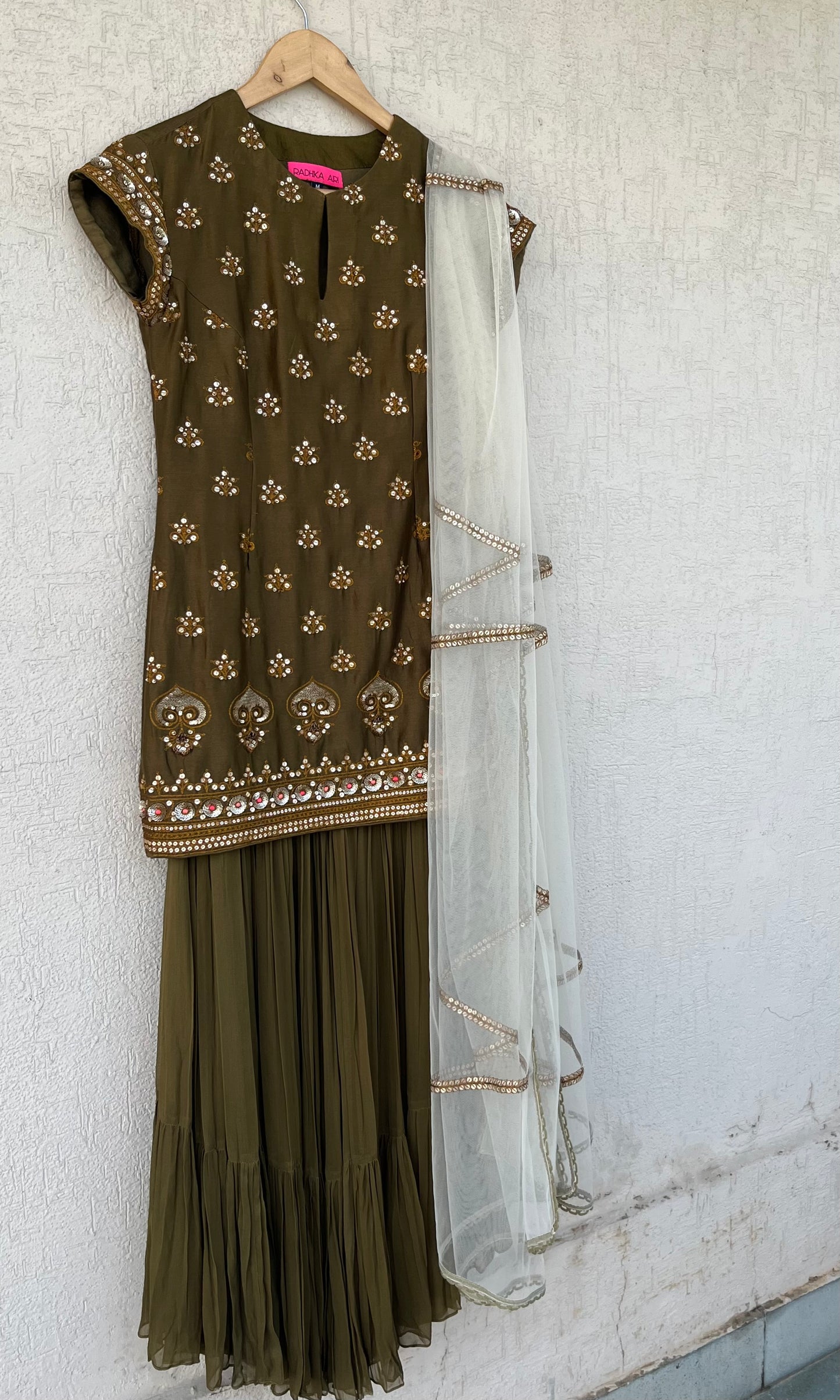 OLIVE KURTA, GHARARA & DUPATTA SET