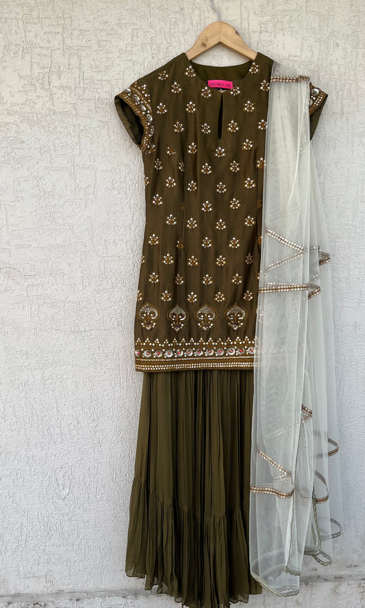 OLIVE KURTA, GHARARA & DUPATTA SET