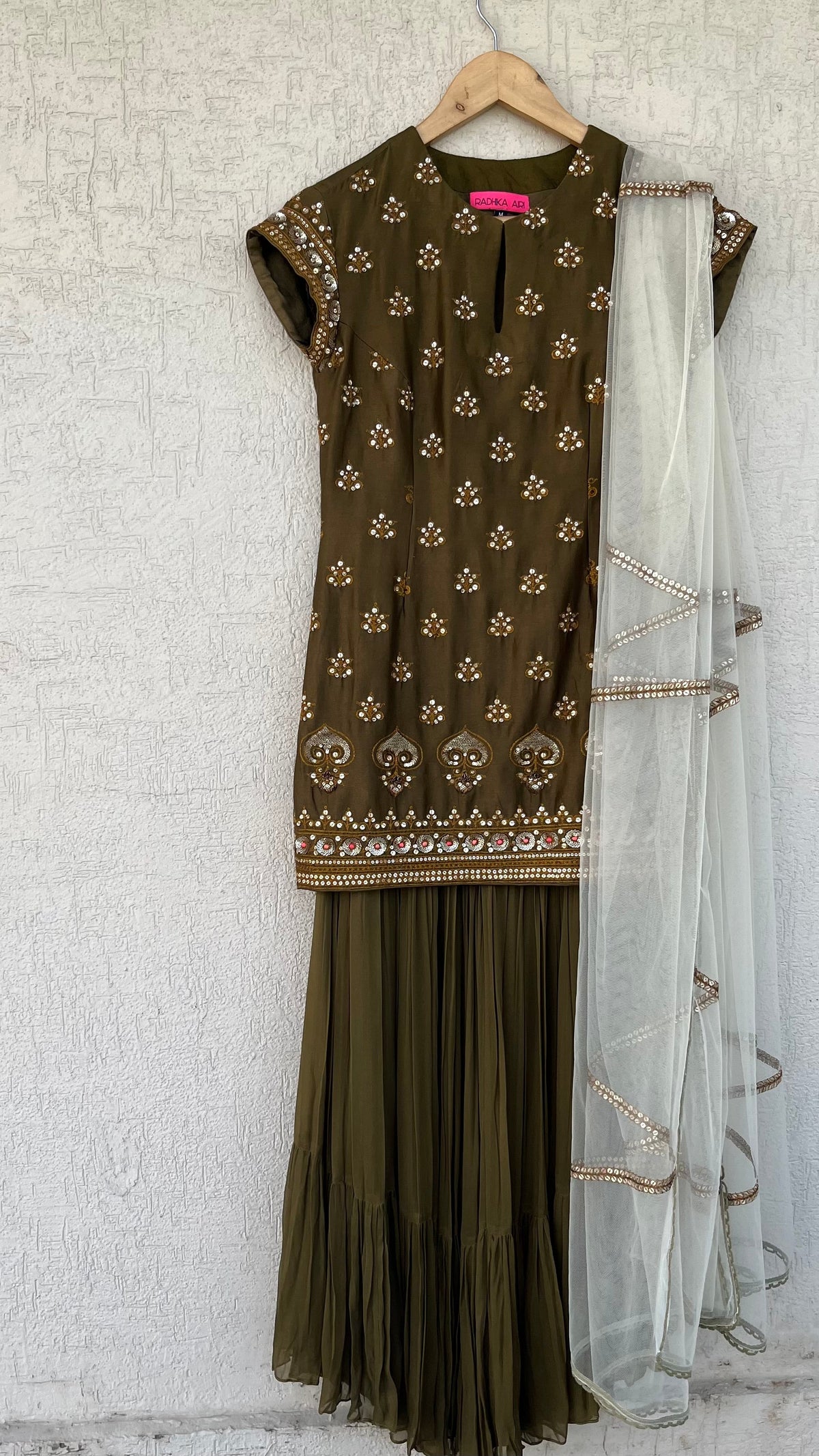 OLIVE KURTA, GHARARA & DUPATTA SET