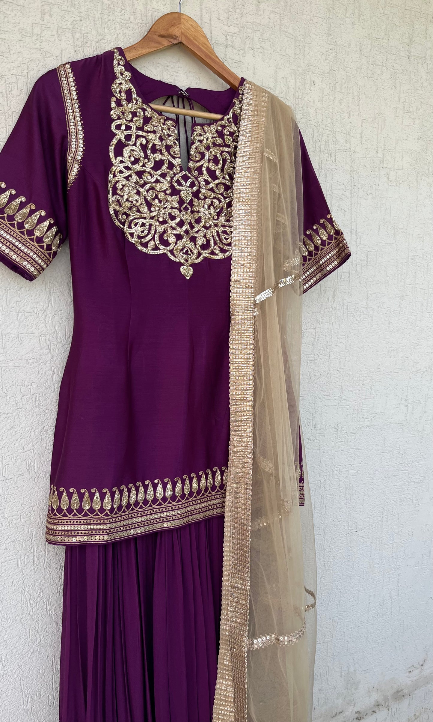 DEEP PURPLE SHORT KURTA GHARARA AND DUPATTA SET