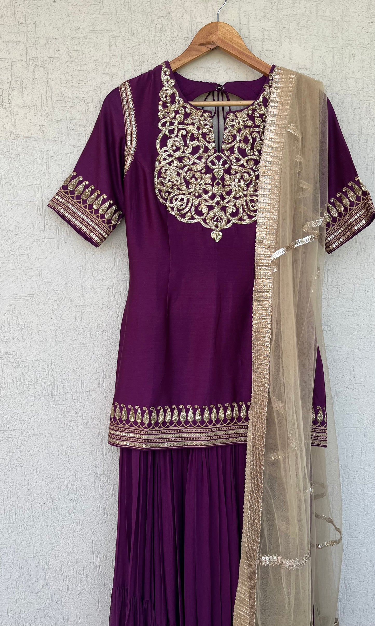 DEEP PURPLE SHORT KURTA GHARARA AND DUPATTA SET
