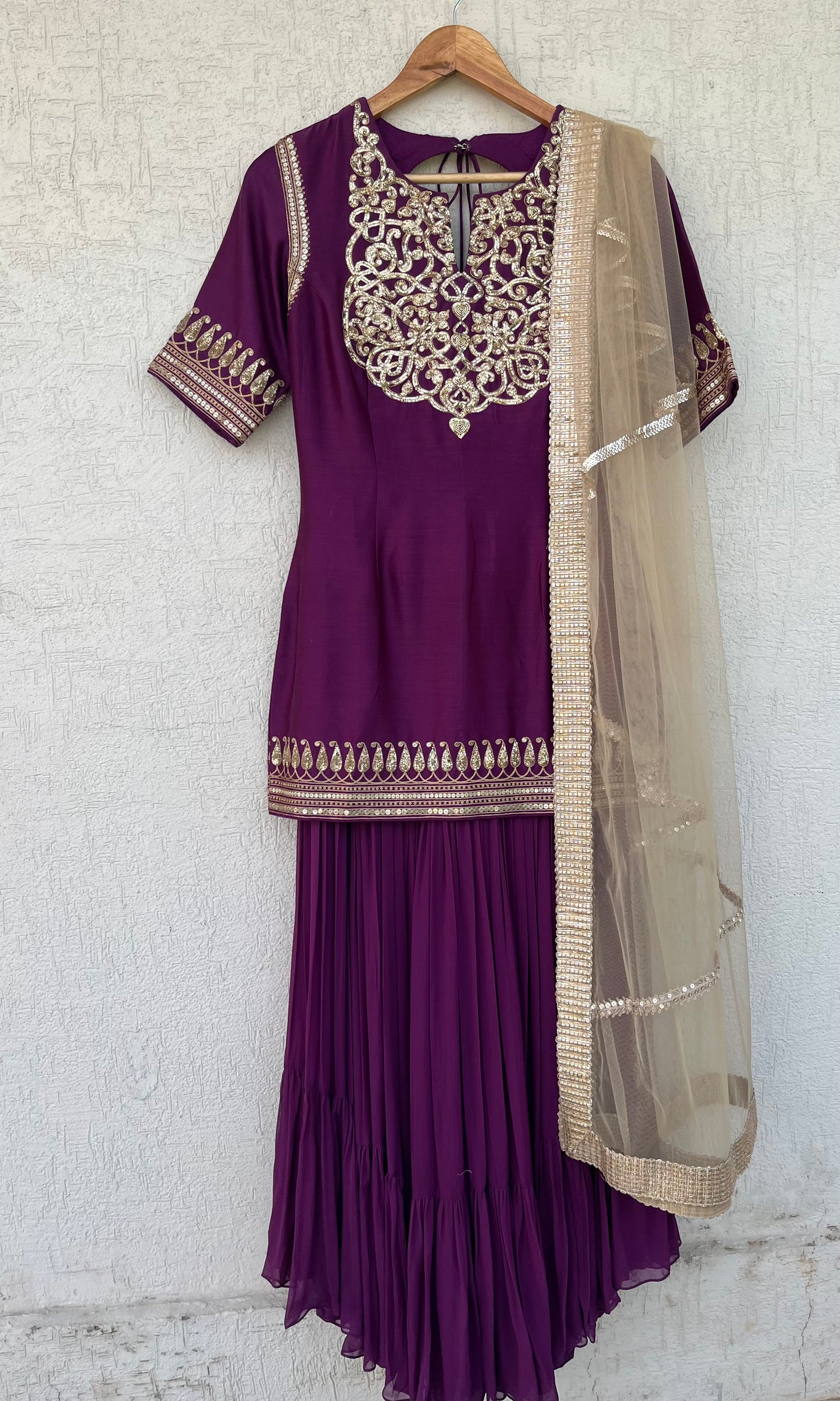 DEEP PURPLE SHORT KURTA GHARARA AND DUPATTA SET